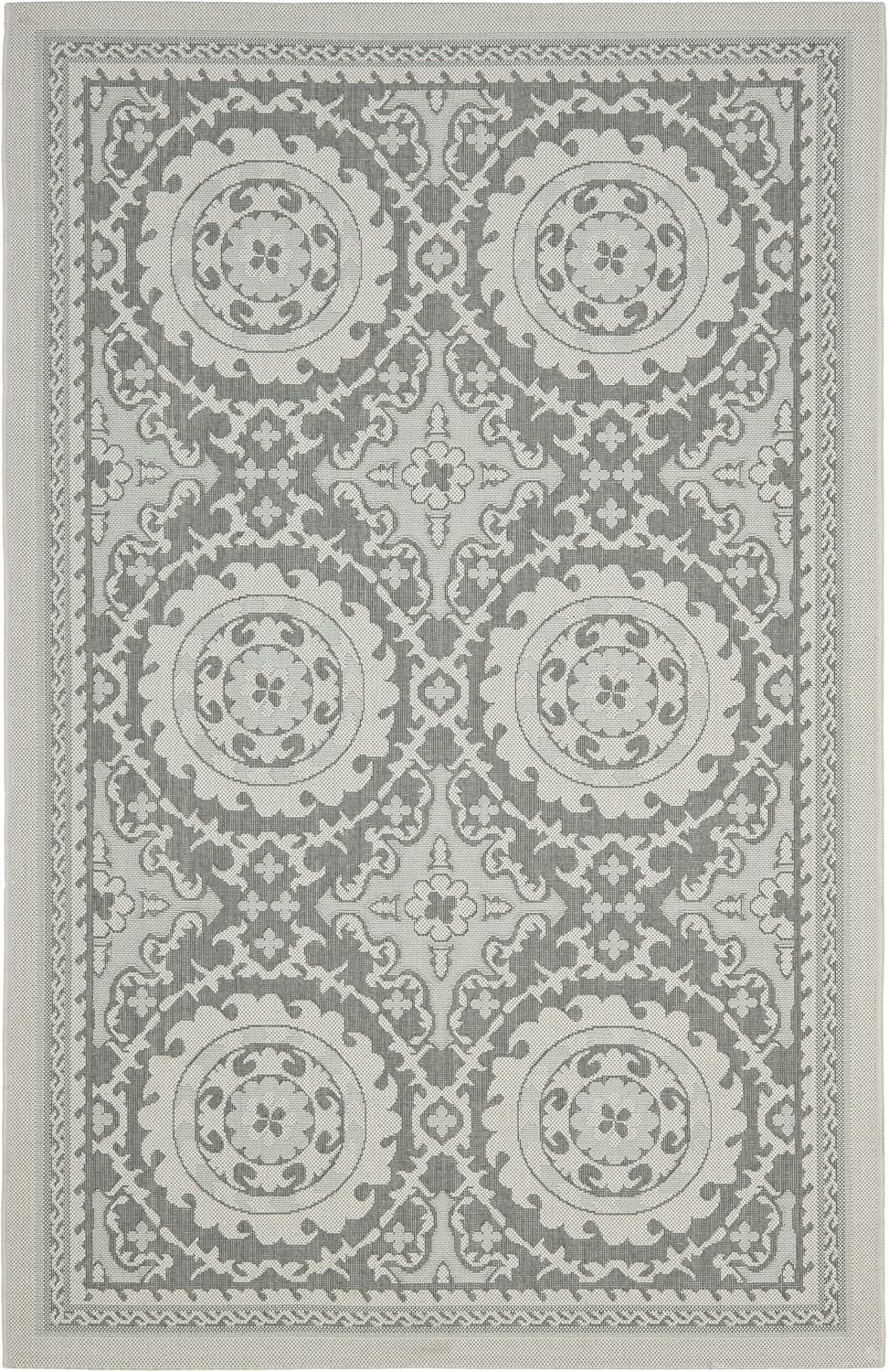 Light Grey and Anthracite Floral Motif Outdoor Area Rug