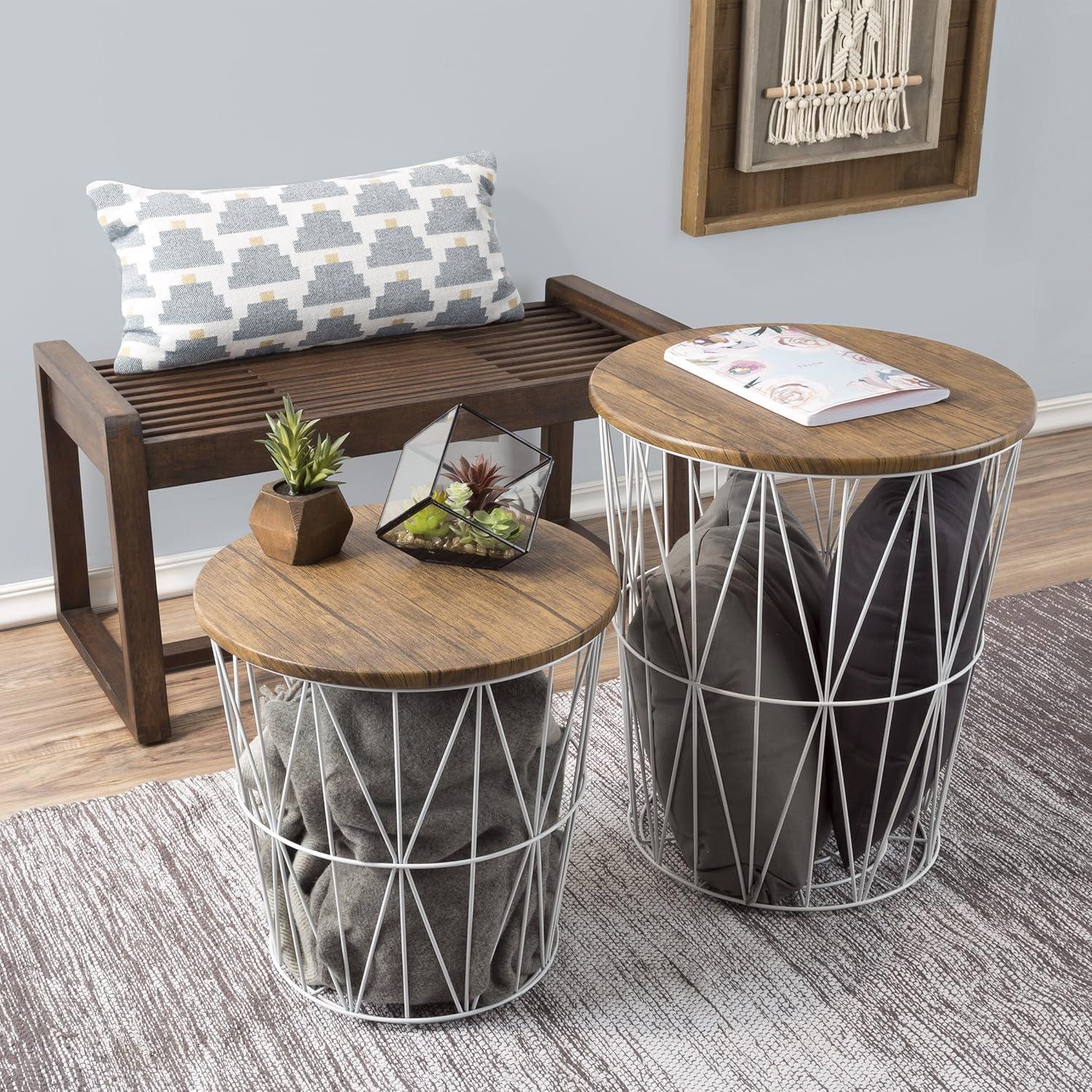 Minimalist Round Wood and Metal Nesting Tables, Set of 2