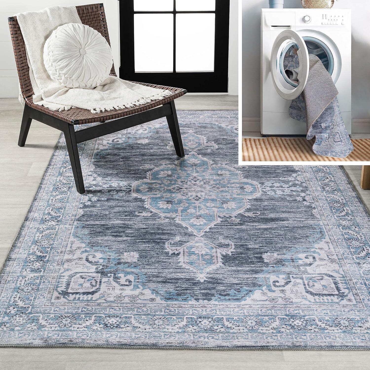 Wincer Chenille Cottage Medallion Machine-Washable Gray/Blue/White 5 ft. x 8 ft. Area Rug - JONATHAN Y
