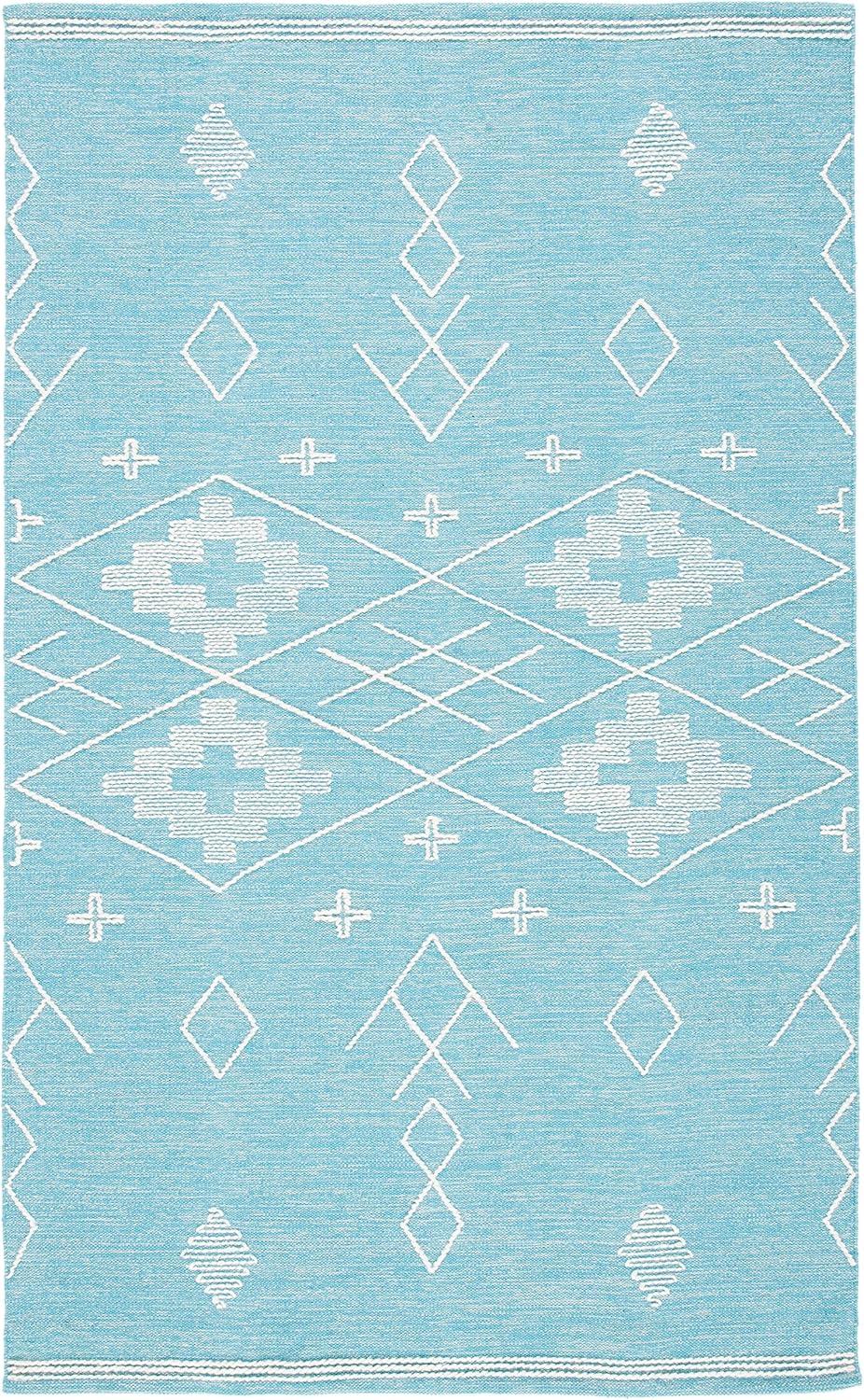 Teal and Ivory Flat Woven Wool Cotton Area Rug 4' x 6'