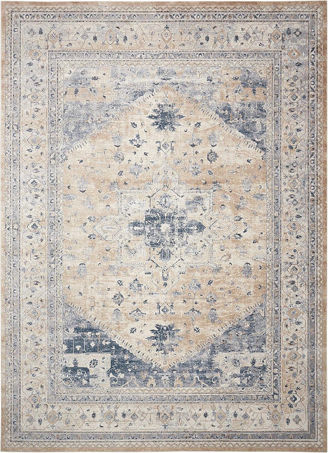 Ivory and Blue Geometric Floral Synthetic Area Rug