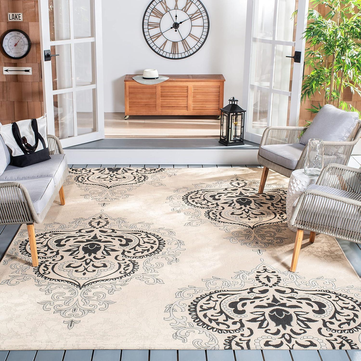 Courtyard Chic 6'7" Square Black and Cream Indoor/Outdoor Area Rug