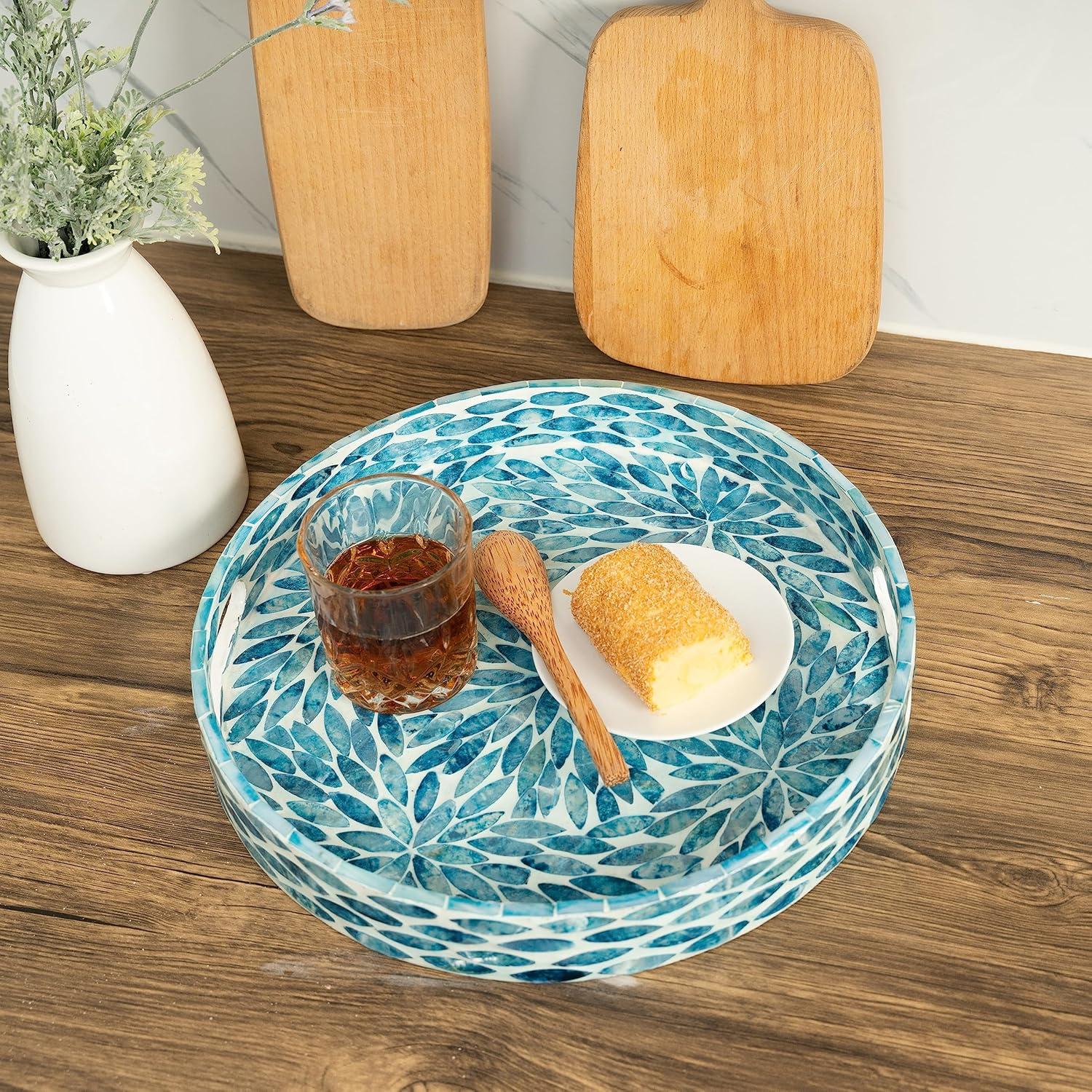 CLAYNIX Serving Tray 12.5 Inch, Lacquer Mother of Pearl Inlay Mosaic Tray, Round Wooden Marble Tray with Handles Trays for Tea, Breakfast (Flower Style)
