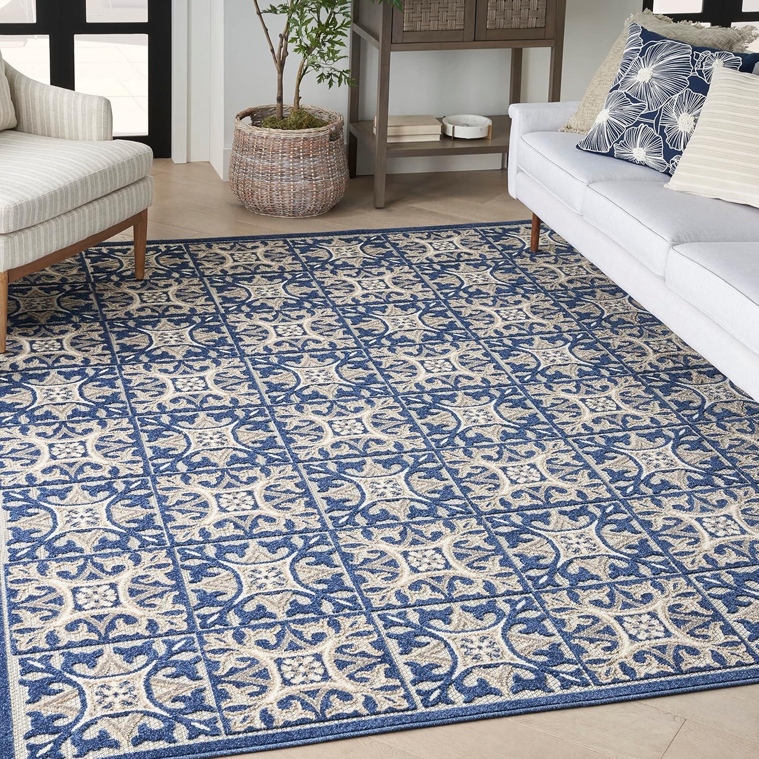Nourison Aloha Modern Mosaic Flatweave High-Low Indoor Outdoor Area Rug Blue 6' x 9'