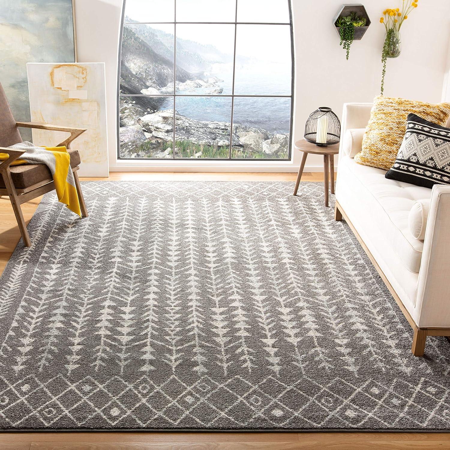 Dark Grey and Ivory Square Synthetic Boho Area Rug