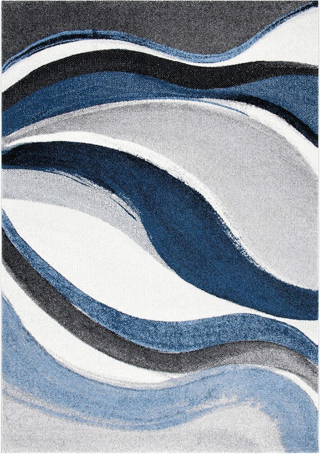 Mid-Century Modern Geometric Grey/Blue Synthetic Area Rug, 6'7" x 9'