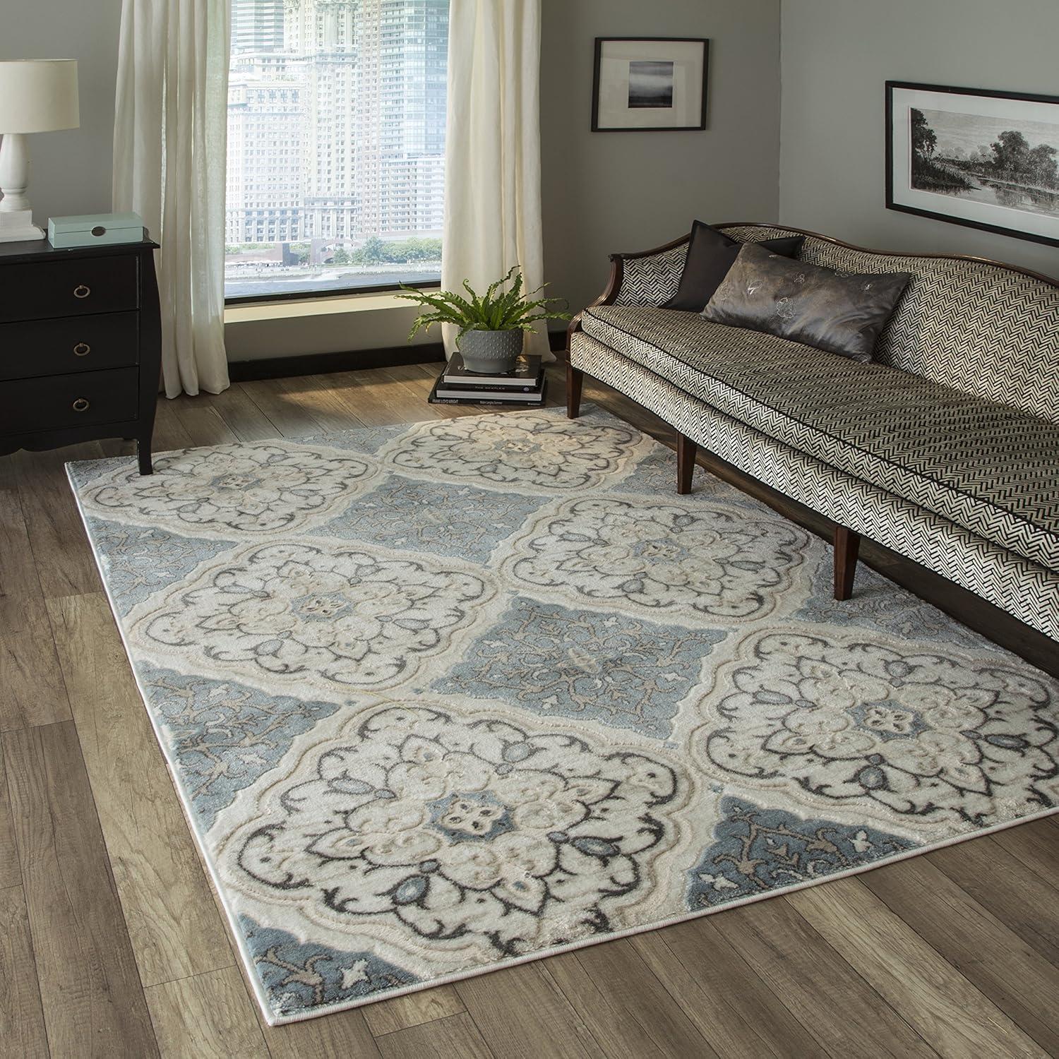 Ivory and Blue Floral Synthetic Rectangular Area Rug