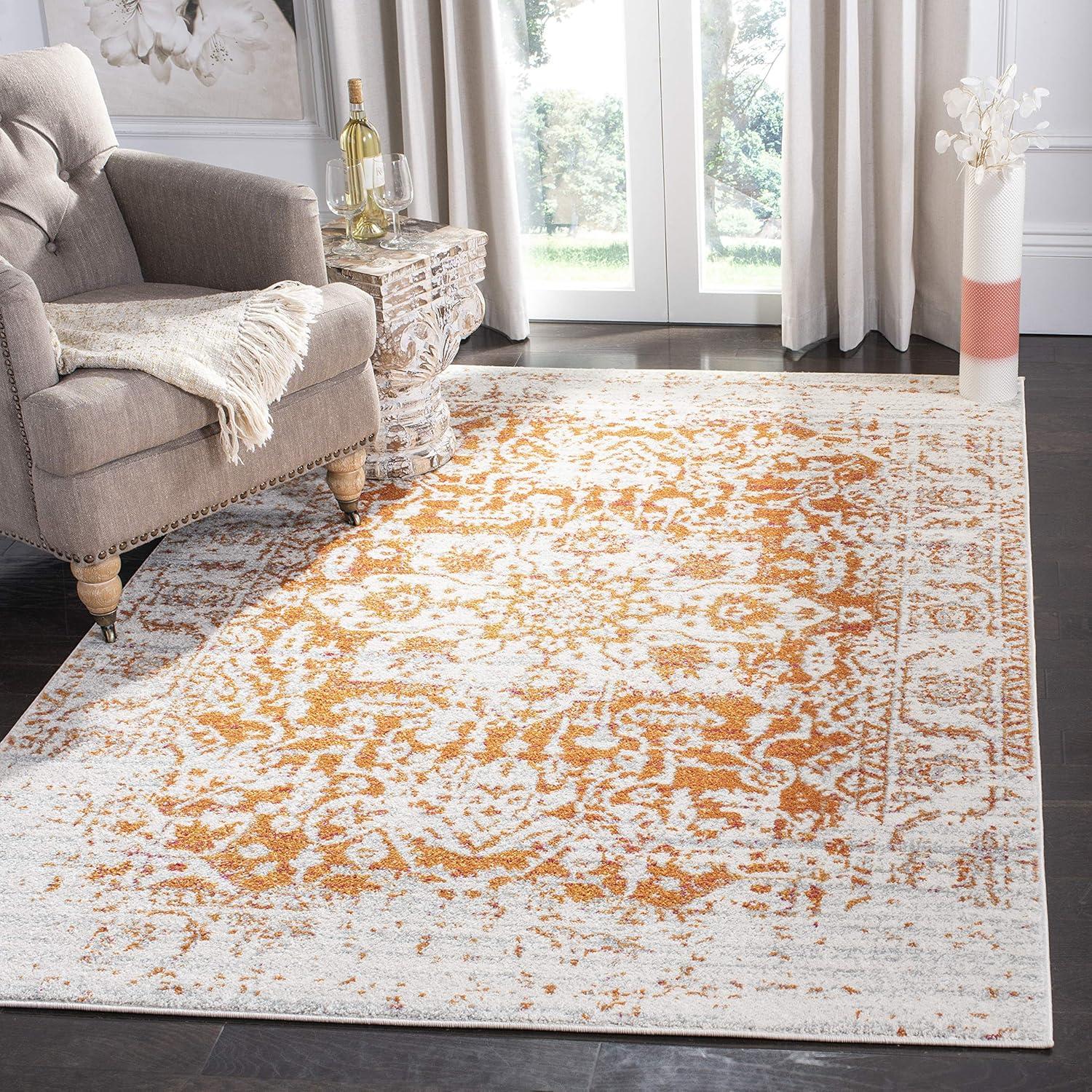 8' x 8' Square Orange and Ivory Cotton Synthetic Area Rug