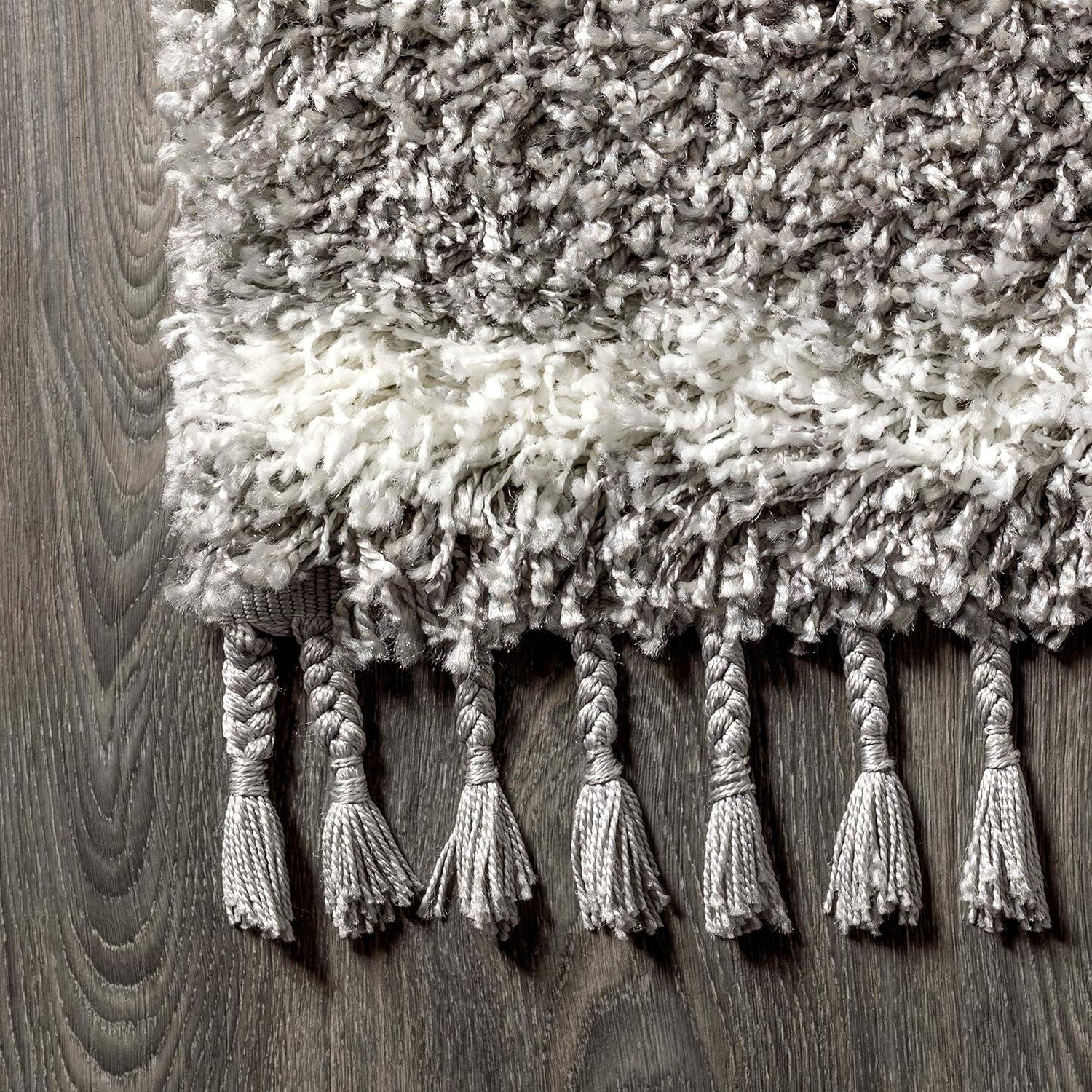 5'x8' Mercer Shag Plush Tassel Moroccan Geometric Trellis Area Rug, Grey/Cream - JONATHAN Y