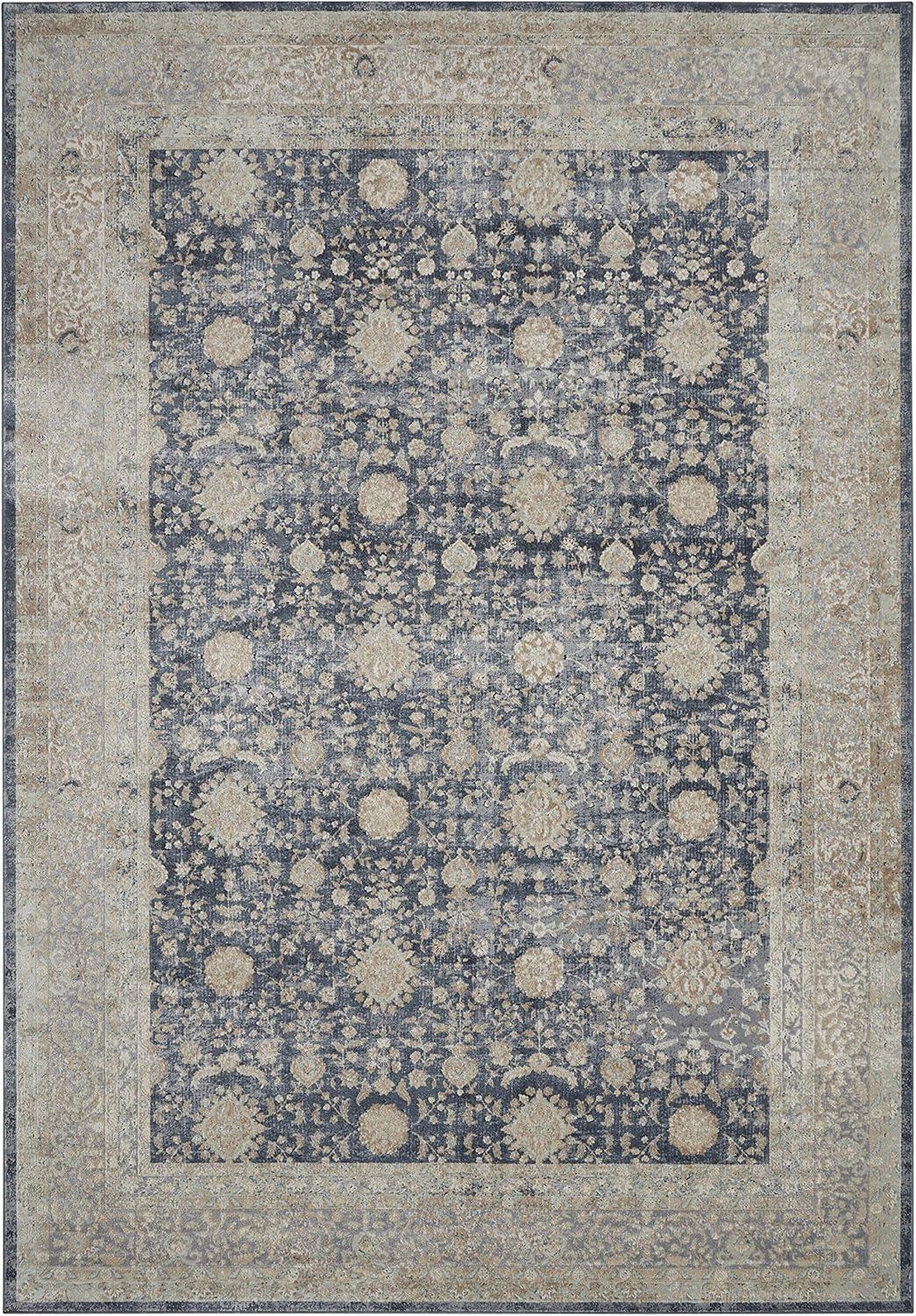 Navy and Gold Floral Rectangular Synthetic Rug, 7'10" x 10'10"