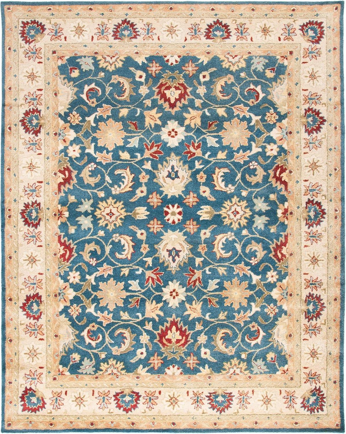 Antiquity Inspired Blue and Beige Handmade Wool Area Rug - 7'6" x 9'6"