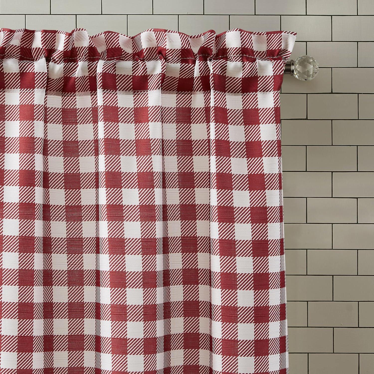 Red Gingham Rooster Print Polyester Kitchen Curtain Set