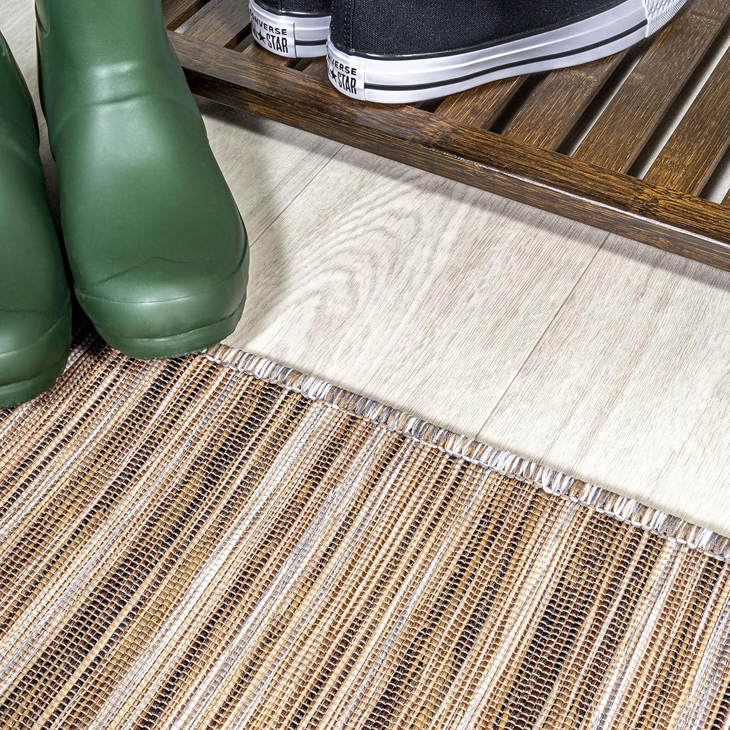 Natural Brown Flat Woven Synthetic Striped Runner Rug 2x8
