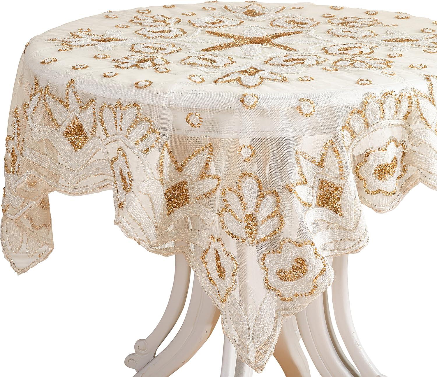 Gold Hand Beaded Floral Design Table Topper