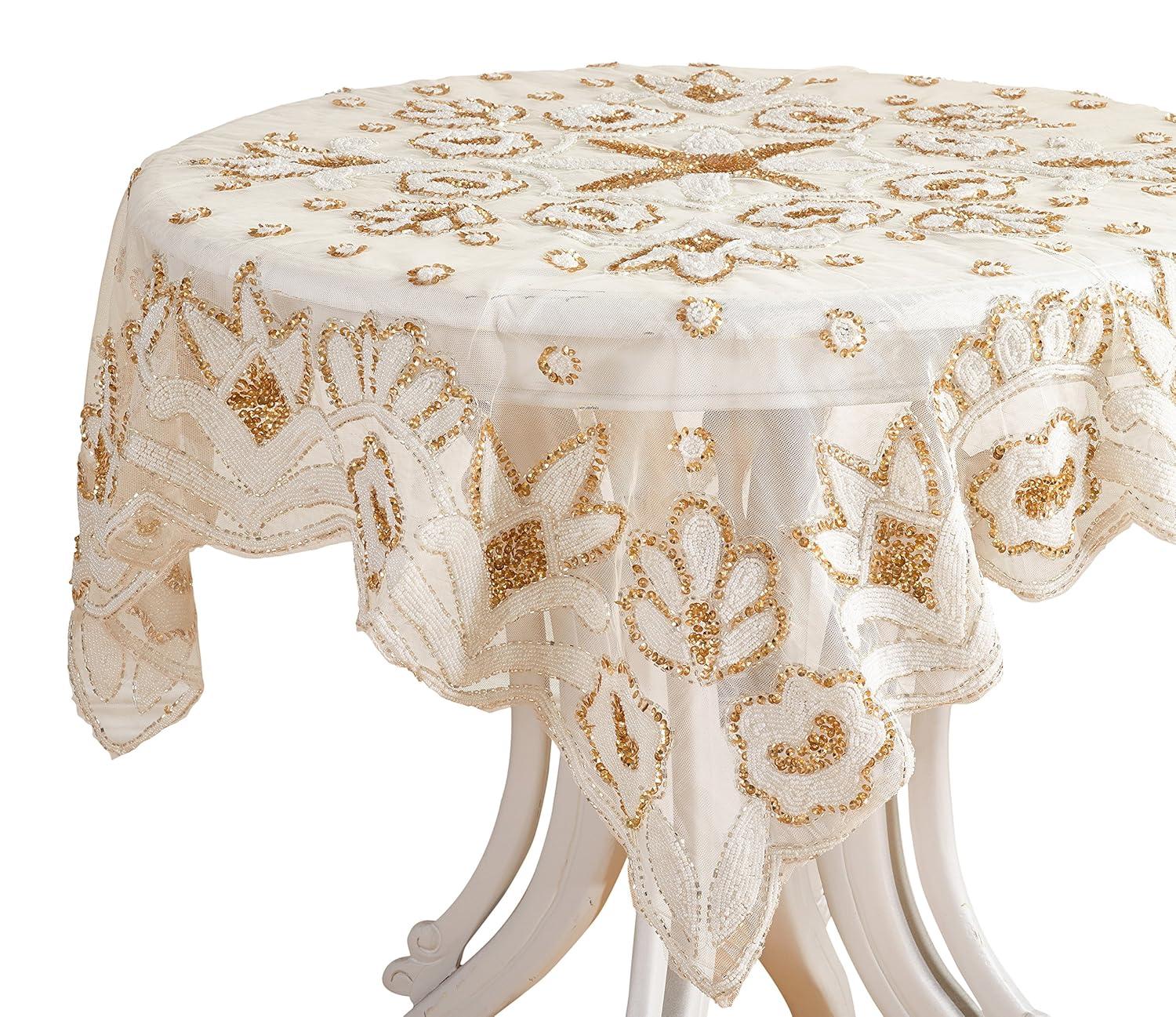 Saro Lifestyle Lakshmi Collection Hand Beaded Design Topper, Gold, 40" x 40"