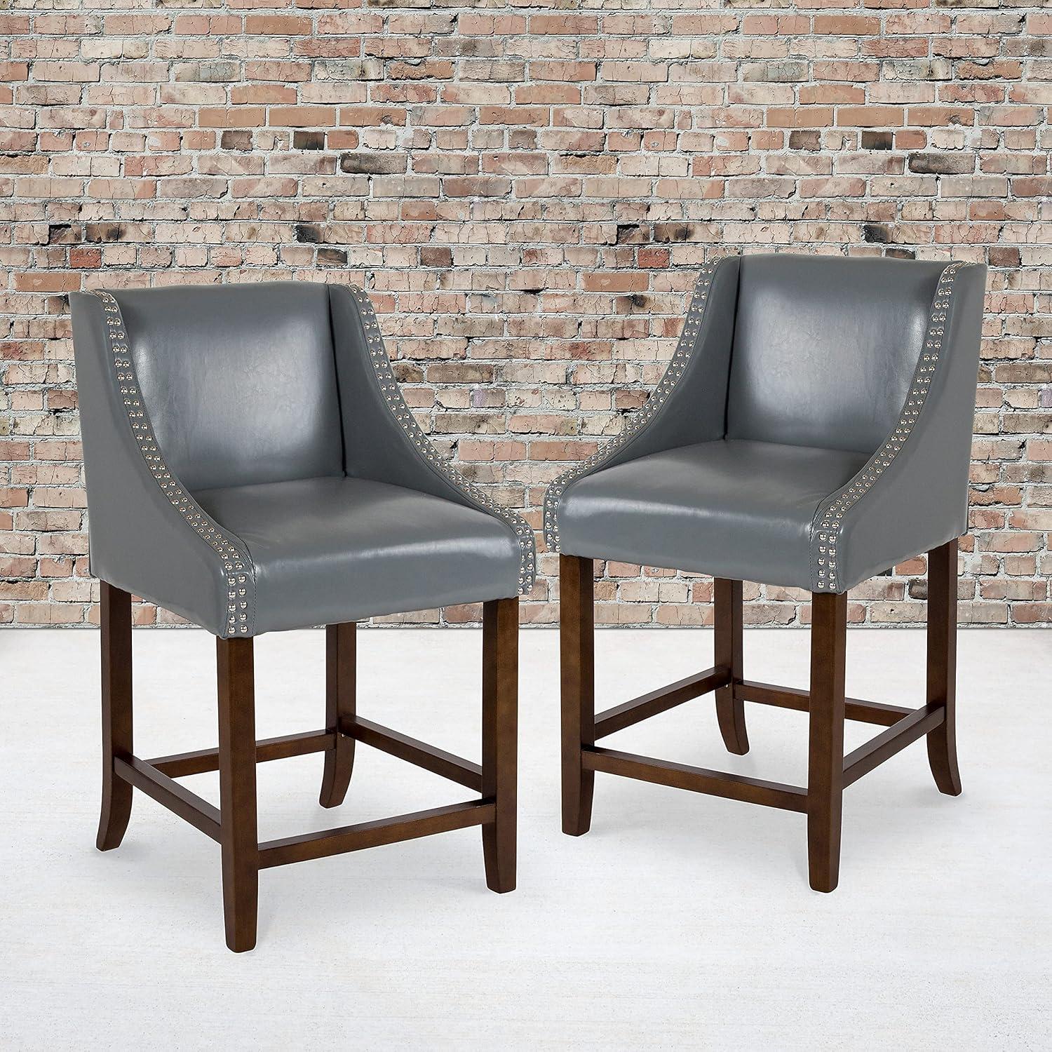 Flash Furniture Carmel Series 24" High Transitional Walnut Counter Height Stool with Nail Trim in Light Gray LeatherSoft, Set of 2