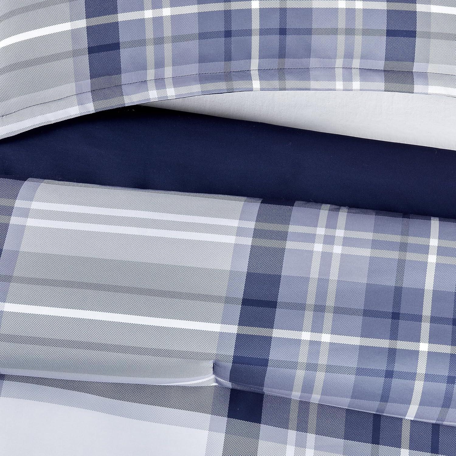 Serta Simply Clean Scott Soft 7 Piece Plaid Bed in A Bag Complete Bedding Comforter Set with Sheets and Pillow Case for All Season, Full, Blue