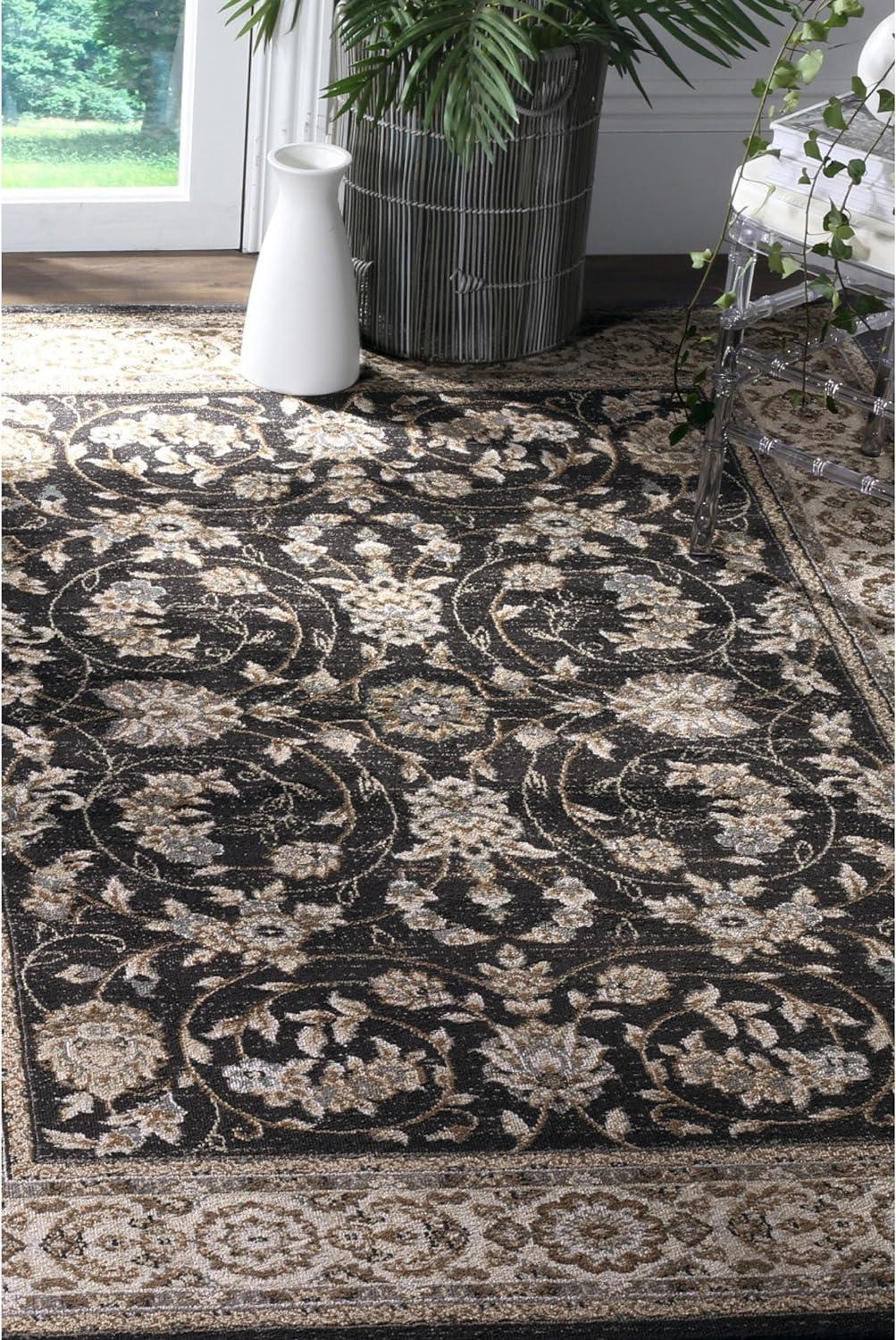 Anthracite and Cream Floral Border Rectangular Area Rug