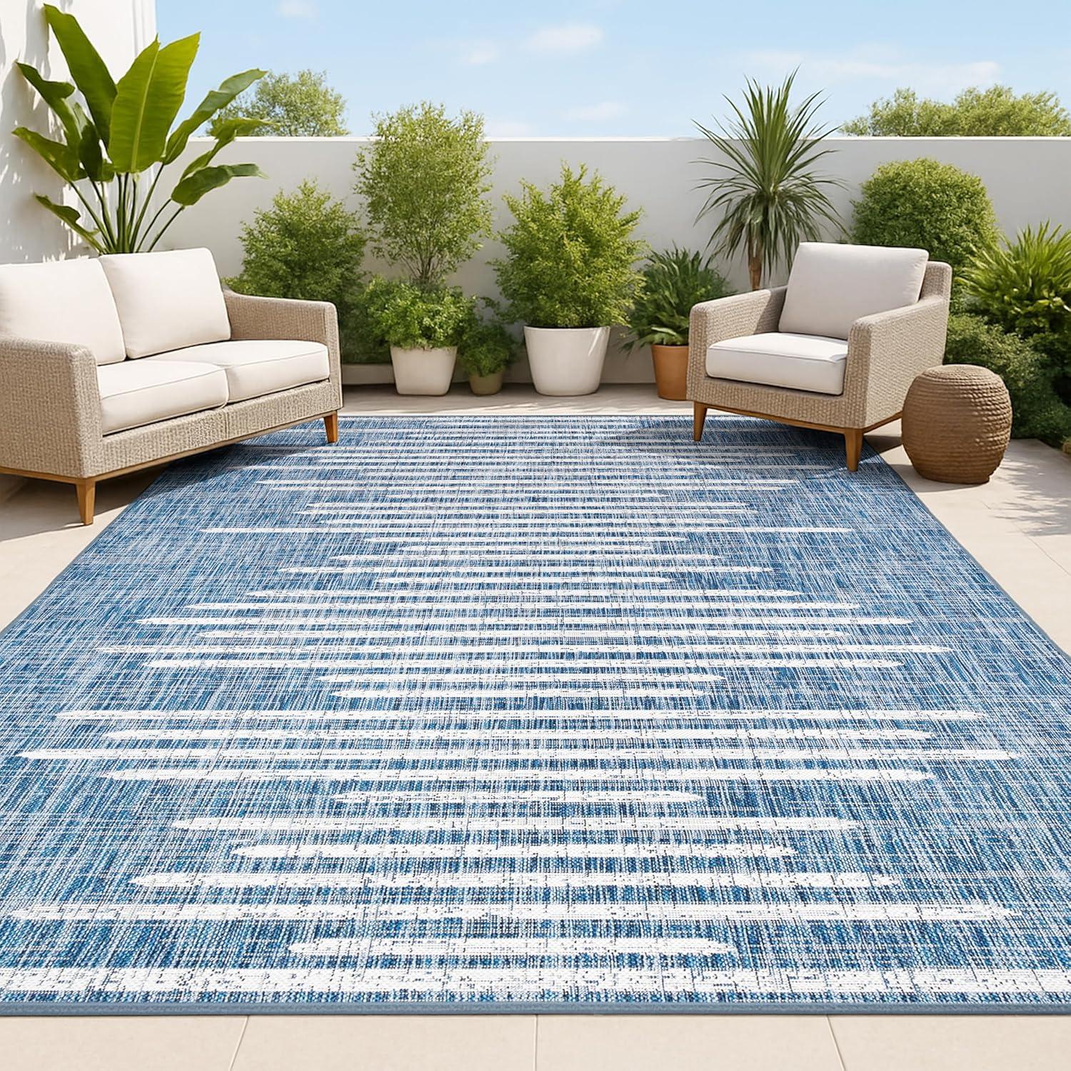 4'x6' Zolak Berber Stripe Geometric Indoor/Outdoor Area Rug, Blue/Ivory - JONATHAN Y