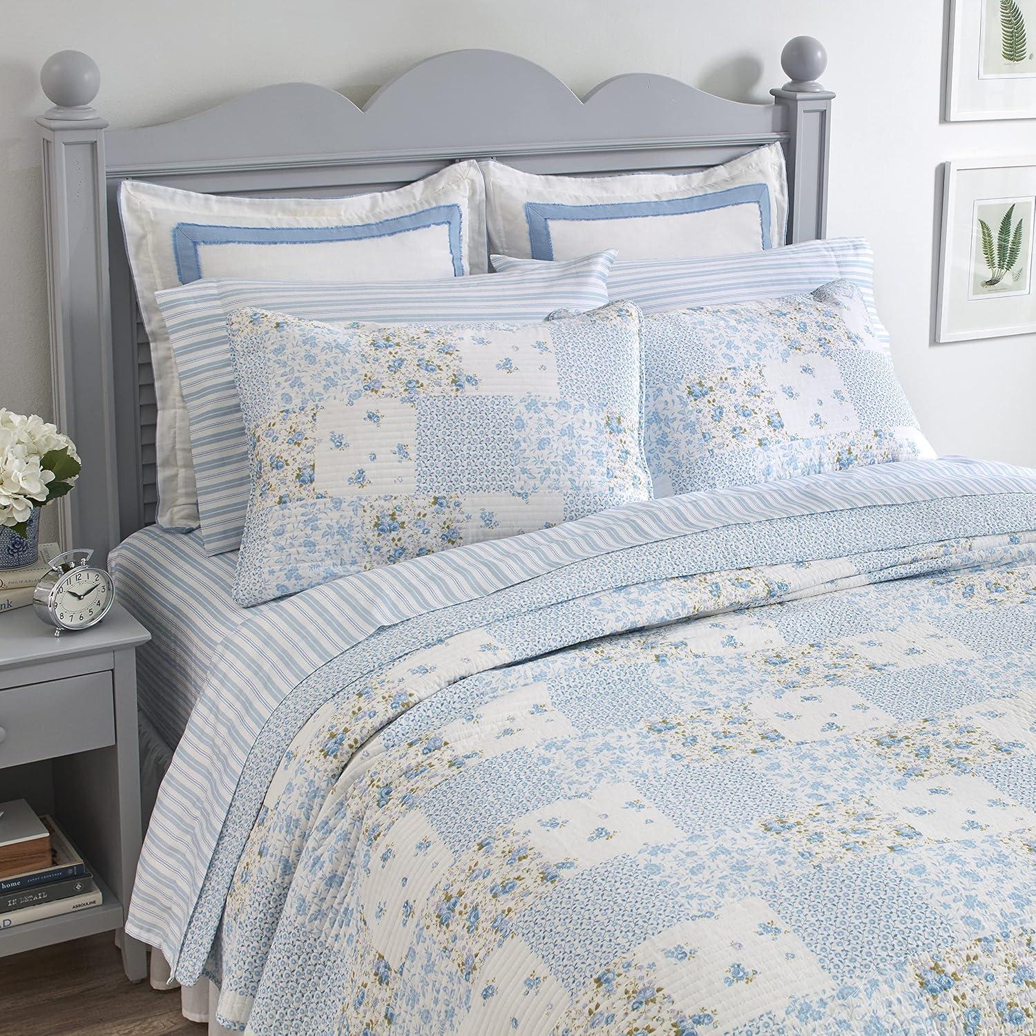 Laura Ashley Kenna Cotton Reversible Blue Quilt Set