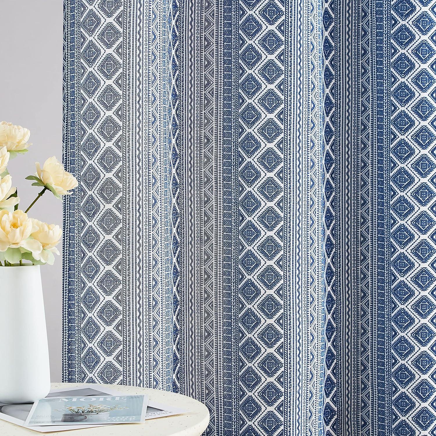 Fragrantex Semi Sheer Curtains 84 Inch Length for Living Room, Blue Geometric Boho Curtains for Bedroom 2 Panels Set Soft Linen Textured Print Curtains Grommet Semi Sheer, 50”W x 84”L x2