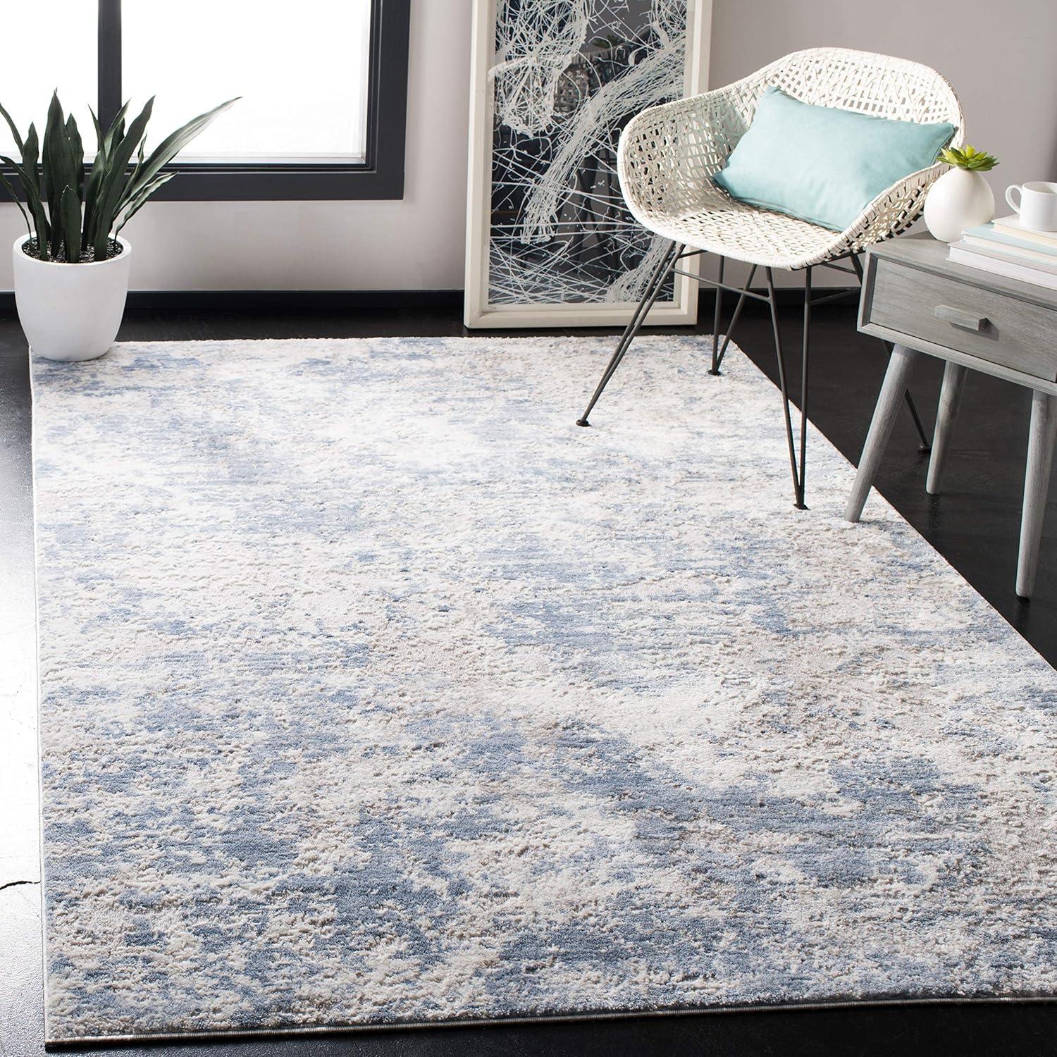 Modern Abstract Grey/Blue 3' Square Synthetic Accent Rug