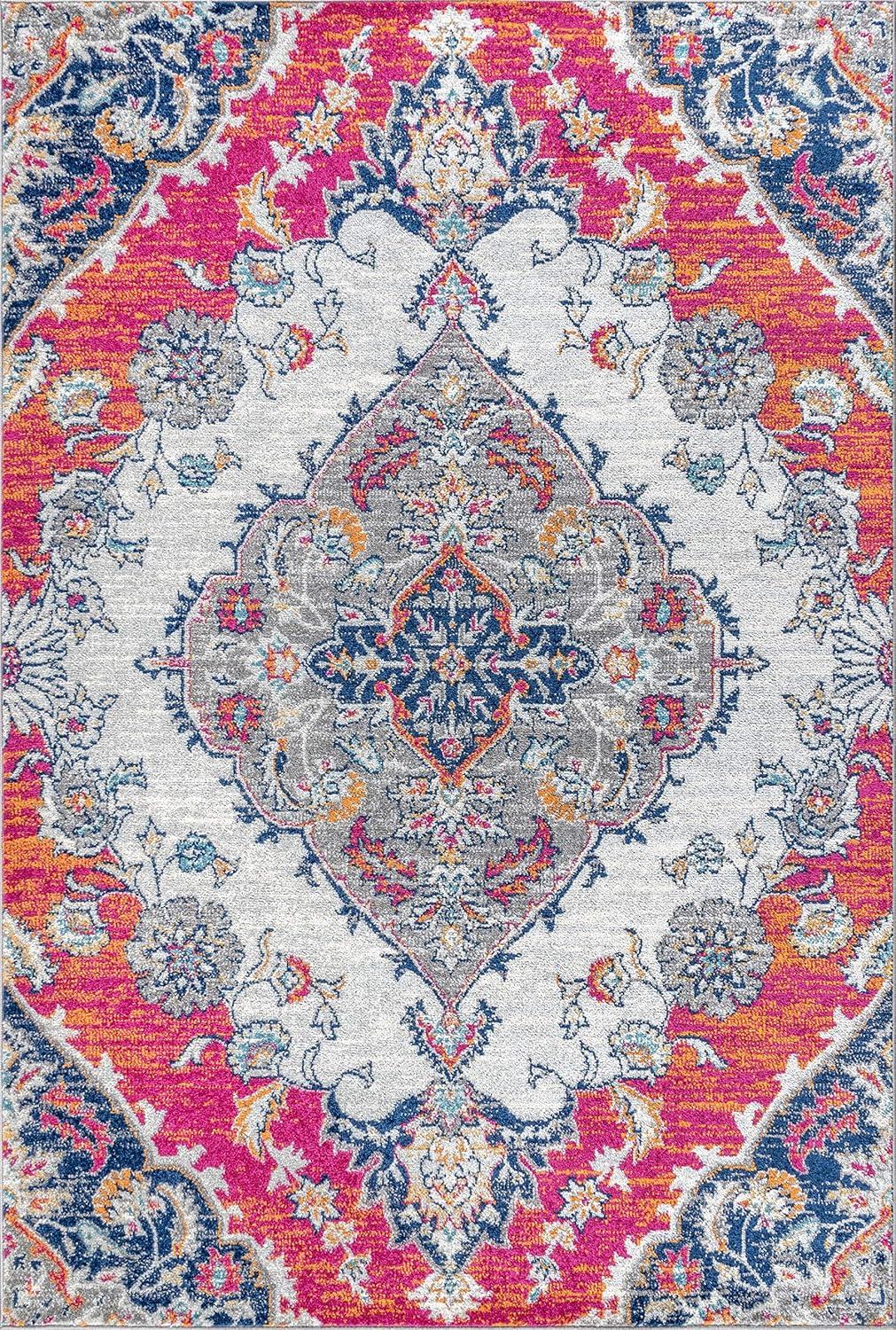 Reversible Medallion Blue and Coral 4' x 6' Synthetic Area Rug