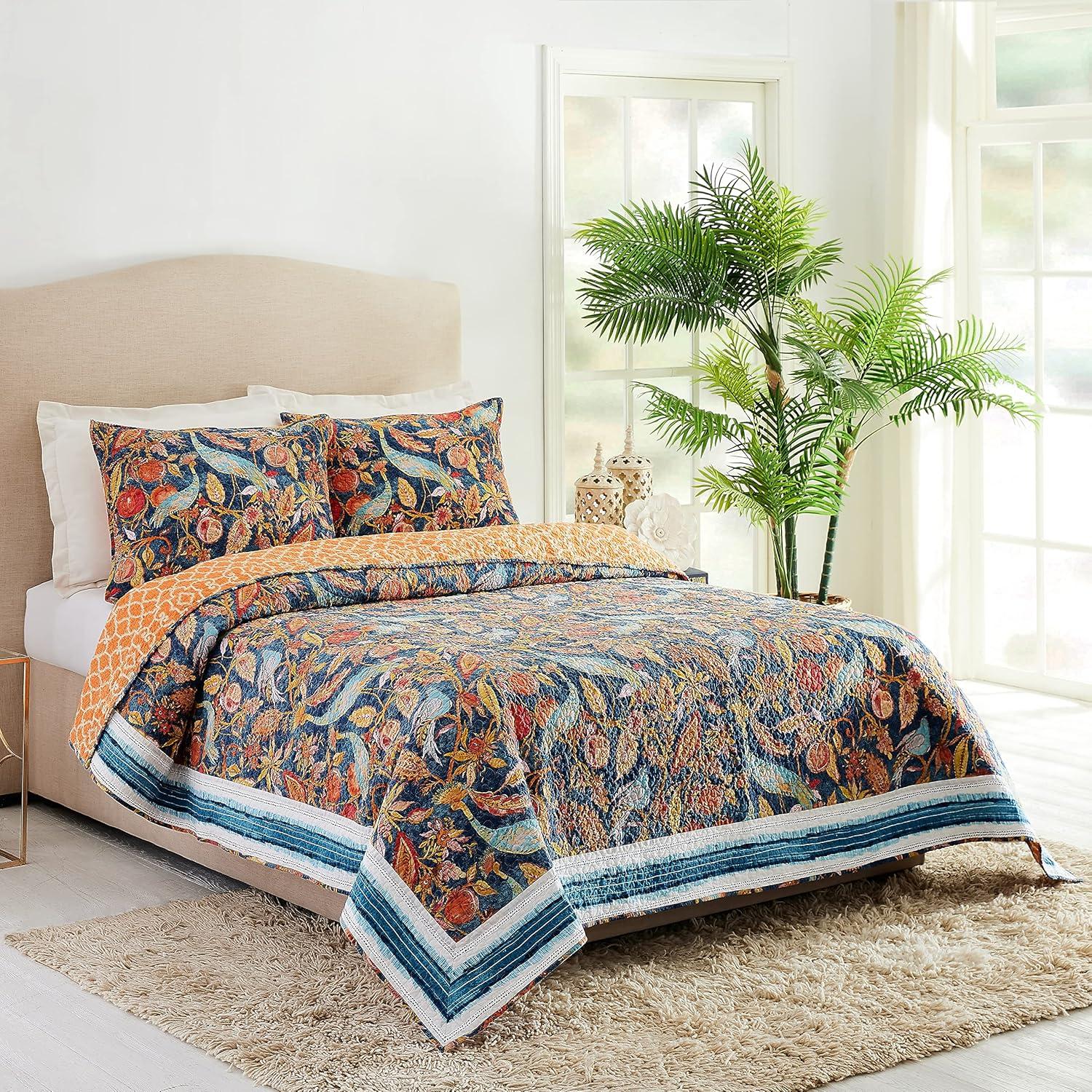 Peacock Garden Quilt & Sham Set Blue/Orange - Dena Home