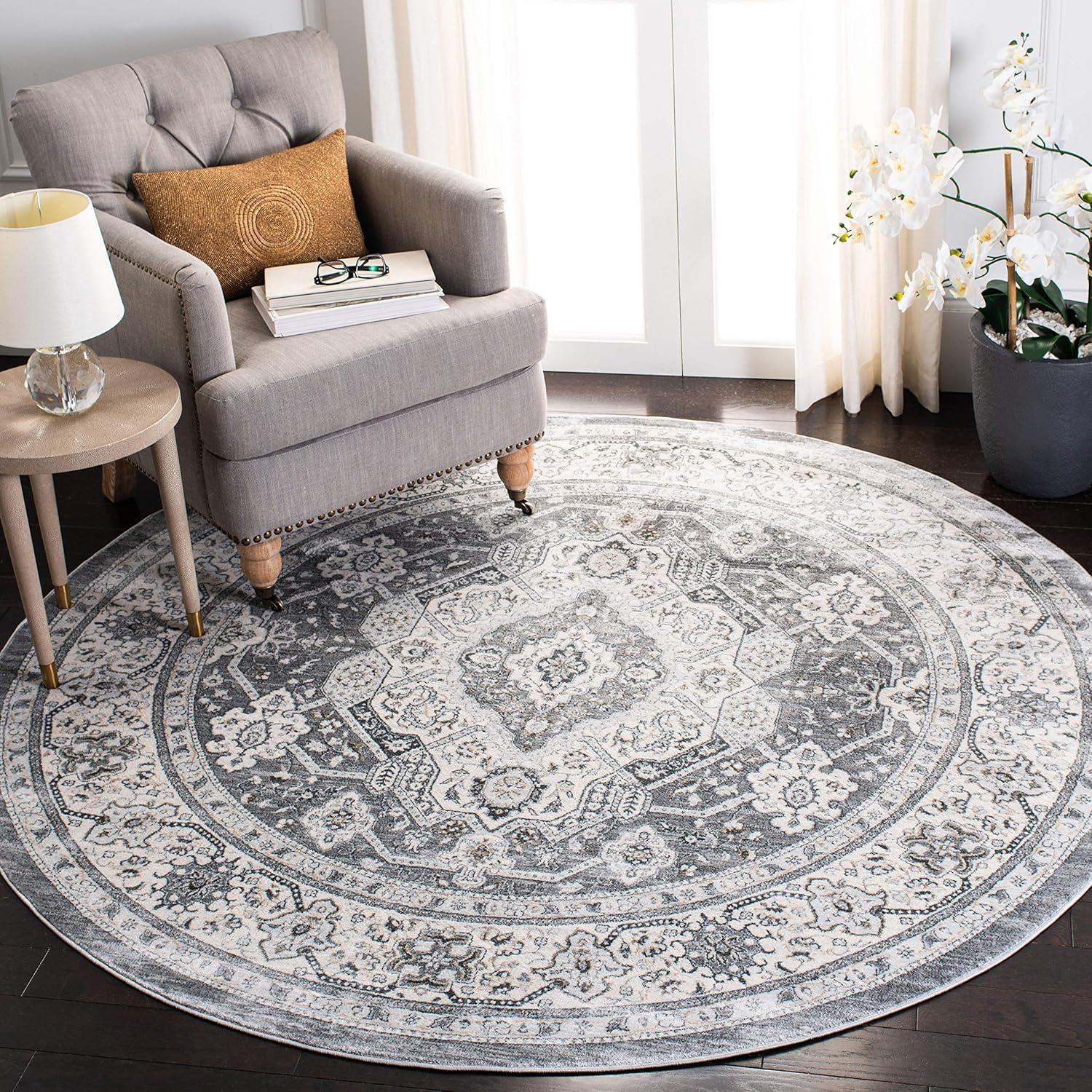 Isabella 6'7" Round Gray Synthetic Stain-Resistant Area Rug