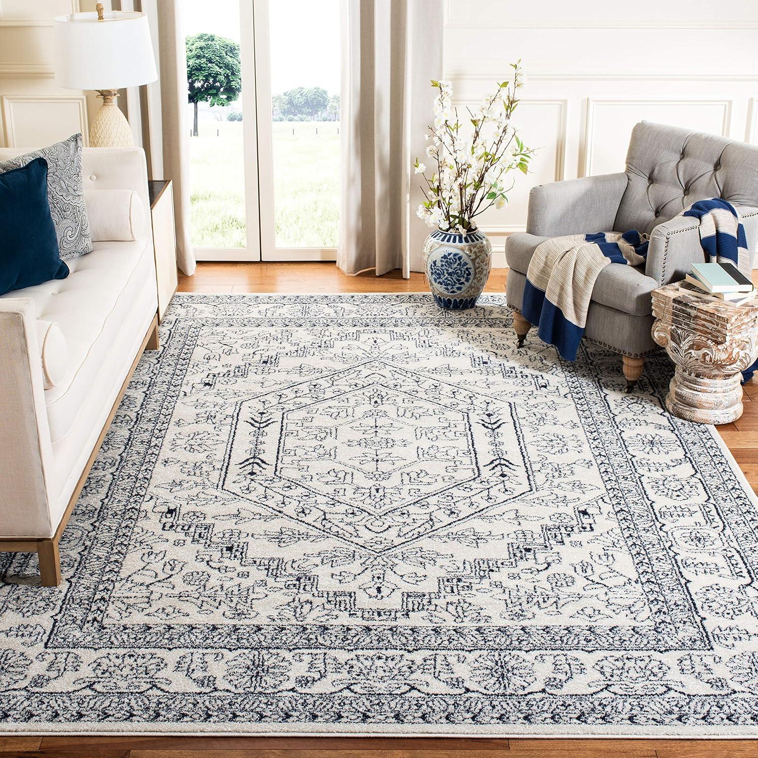 Navy and Ivory Hand-knotted Synthetic Circle Area Rug