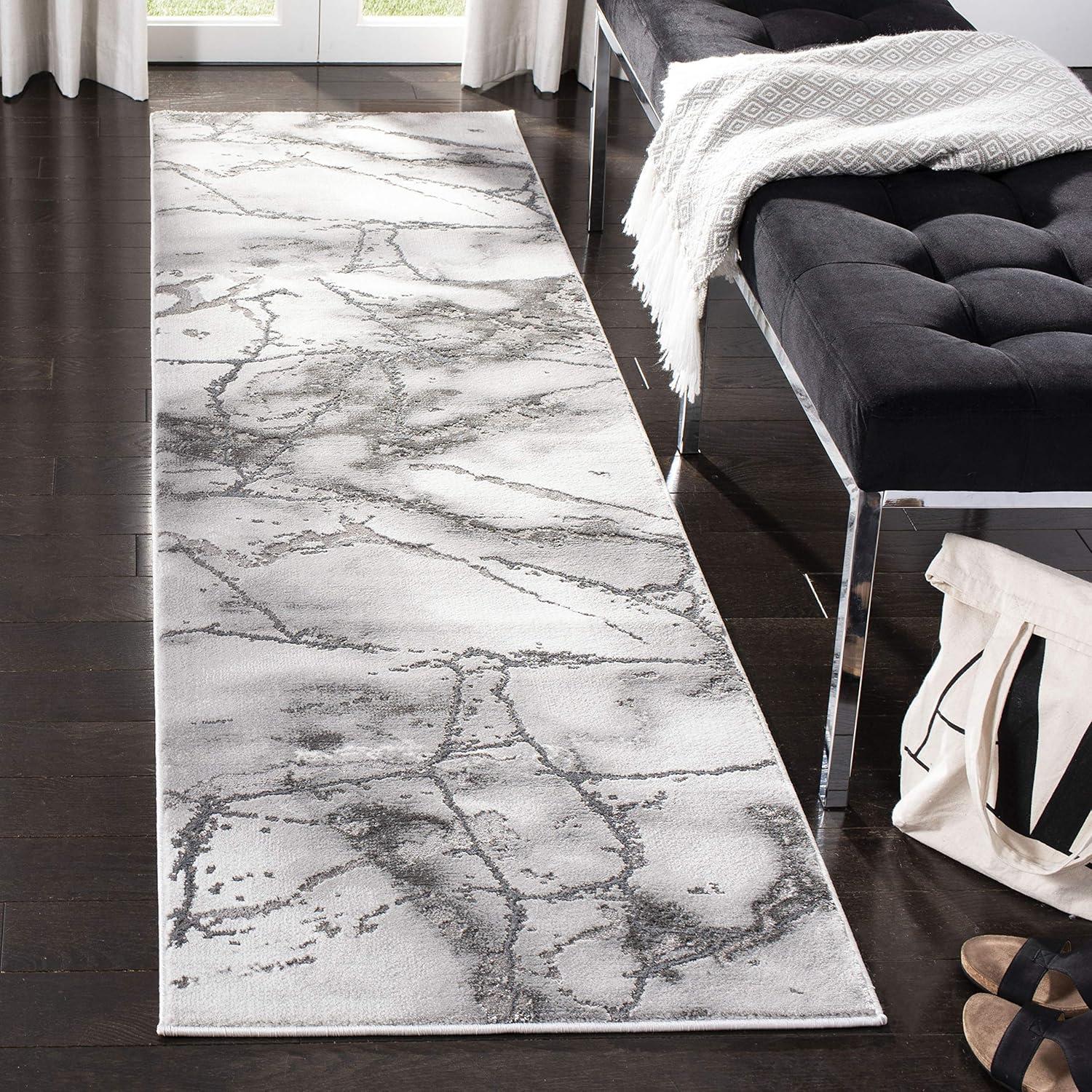 Gray and Silver Abstract Design Runner Rug