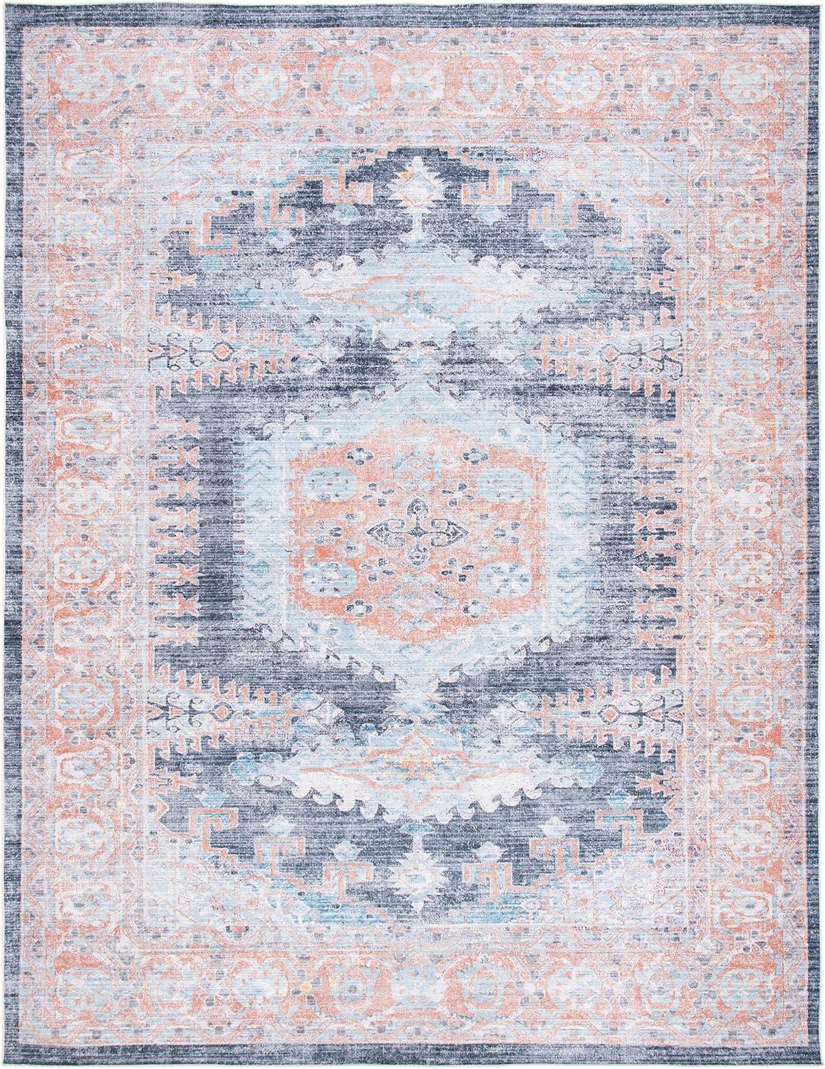 Blue and Terracotta 10' x 14' Washable Viscose Chenille Area Rug