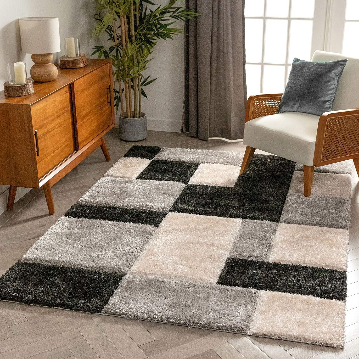 Well Woven Ella Geometric Boxes Thick Soft 3D Textured Shag 5'3" x 7'3" Blush Area Rug