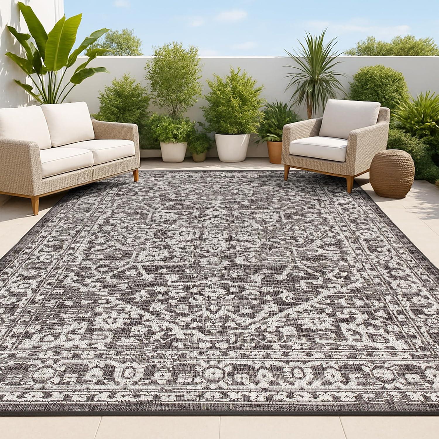 4'x6' Malta Bohemian Medallion Textured Weave Indoor/Outdoor Area Rug, Black/Gray - JONATHAN Y