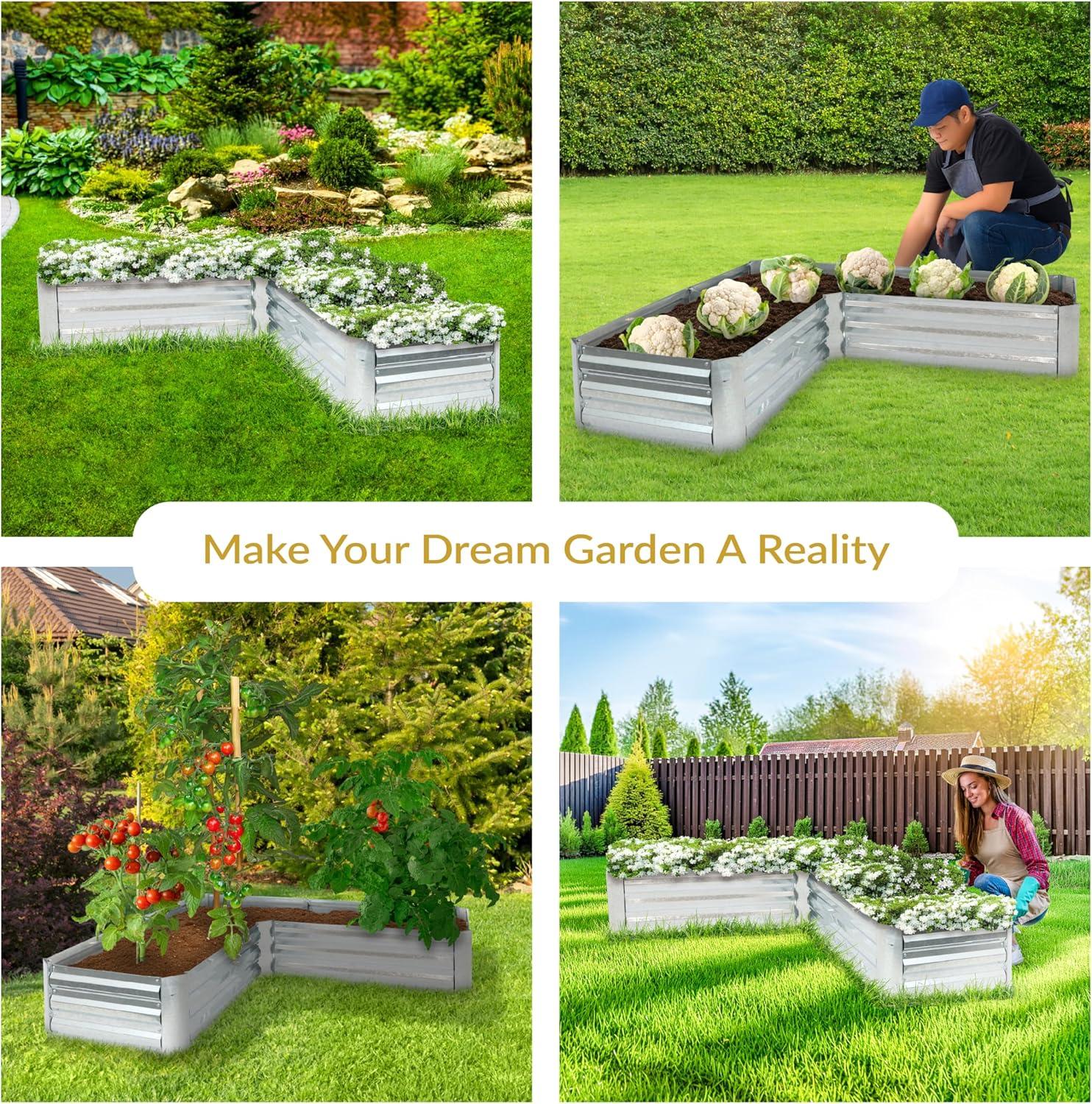 Sunnydaze Outdoor Galvanized Steel L-Shaped Raised Garden Bed for Plants, Vegetables, and Flowers - 59.5" - Silver