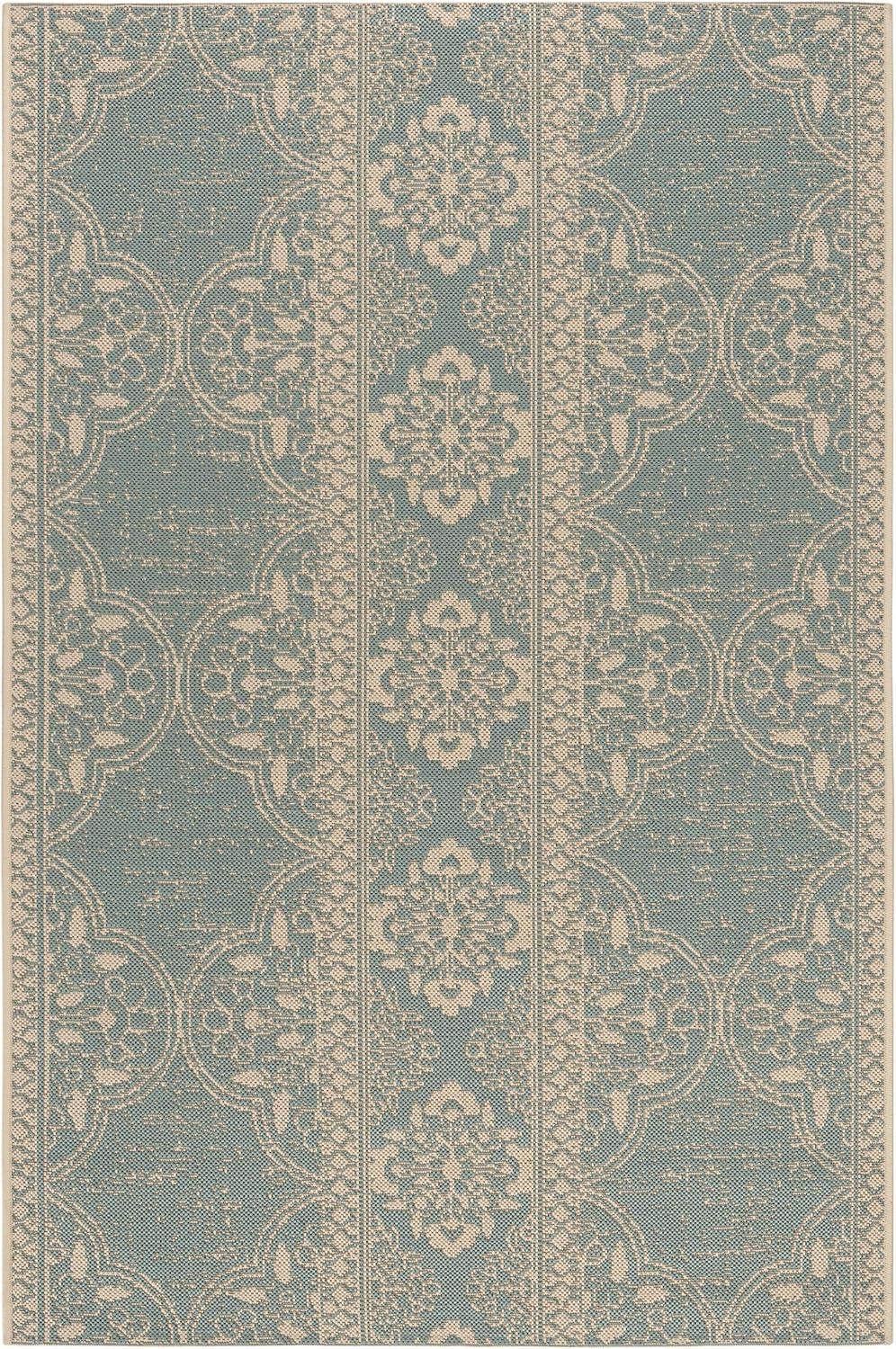 Aqua and Cream Washable Synthetic Rectangular Rug