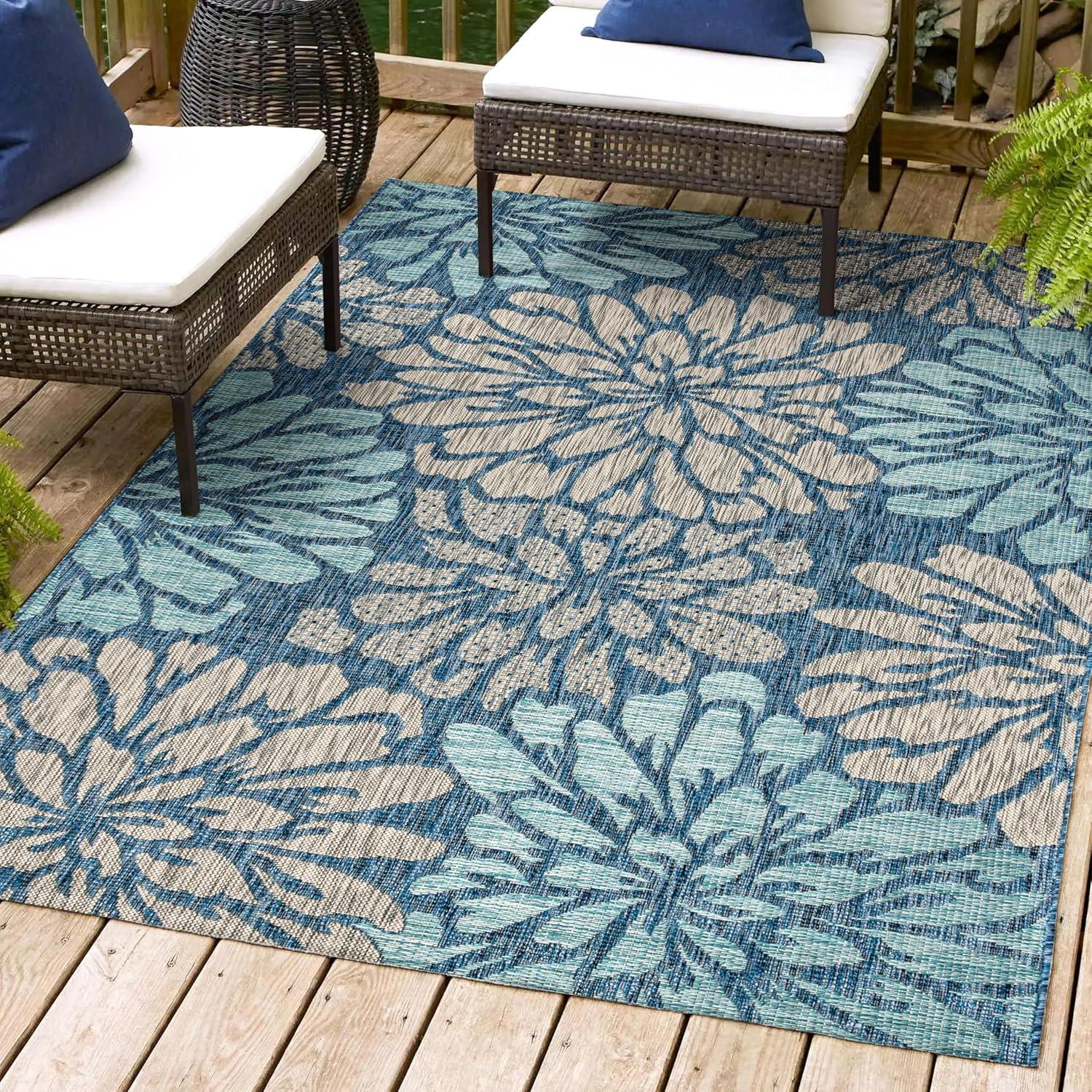 Navy Aqua Floral Synthetic Flat Woven Reversible Rug 5x8