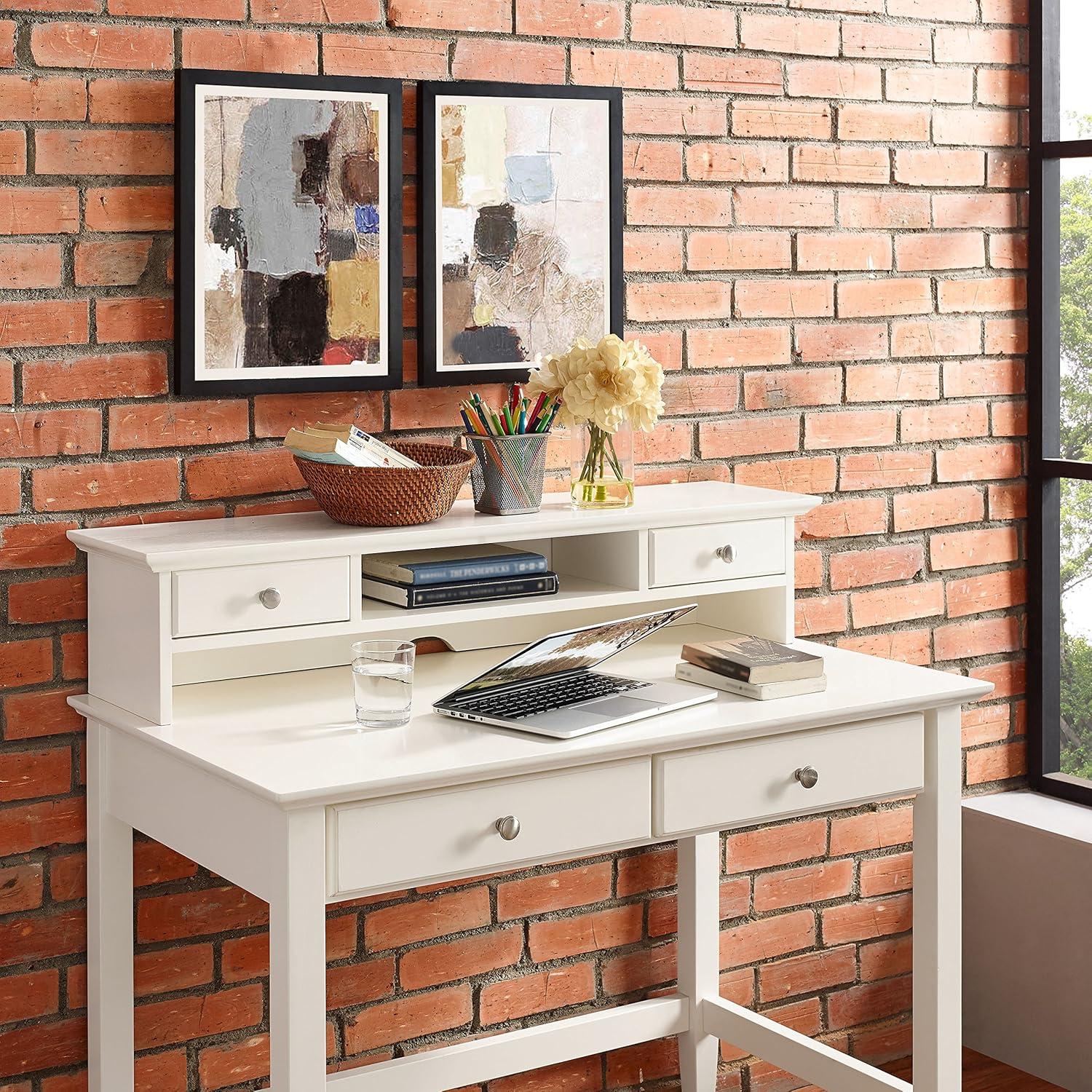 White Wood Writing Desk Hutch with Drawers and Shelves