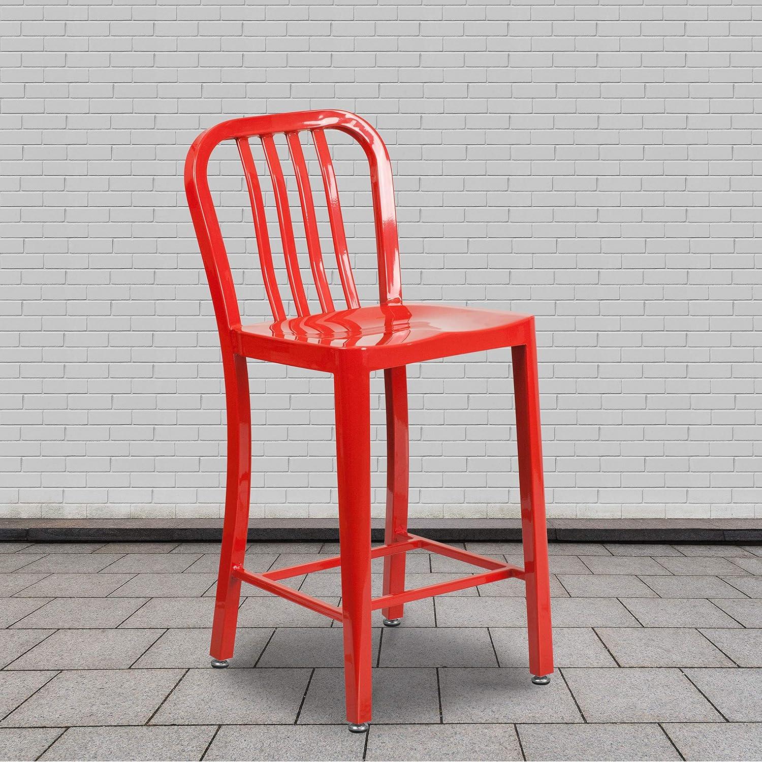 Flash Furniture Commercial Grade 2 Pack 24" High Red Metal Indoor-Outdoor Counter Height Stool with Vertical Slat Back