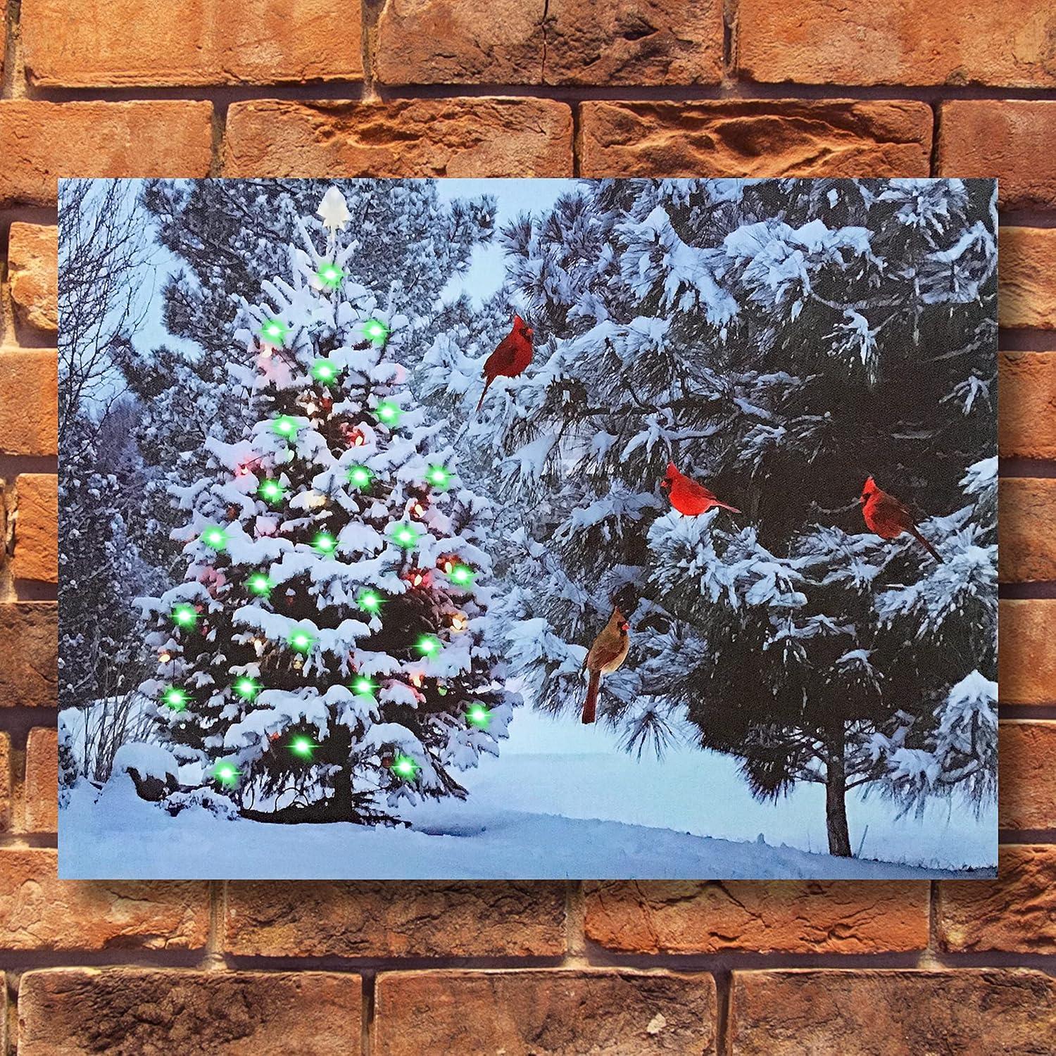 Christmas Tree & Cardinal Birds LED Canvas Print