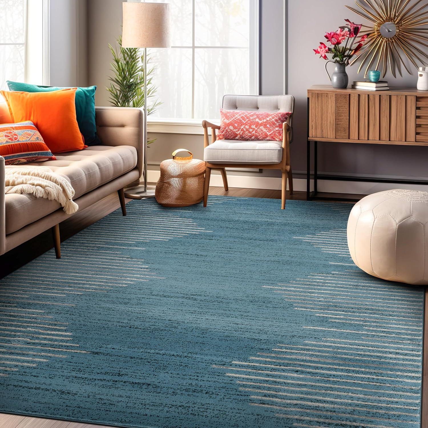 Blue 5' x 7' Geometric Stripe Synthetic Area Rug