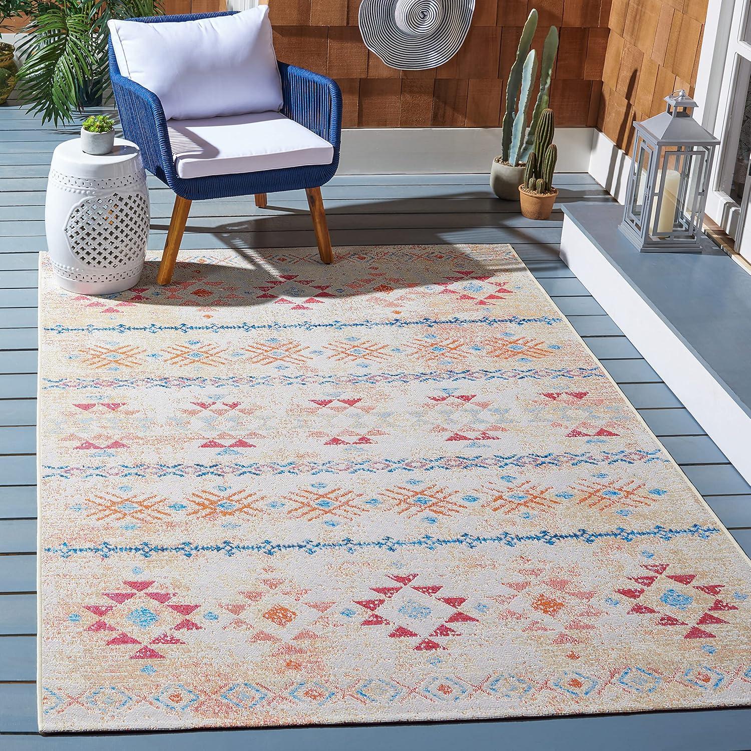 Ivory and Red Boho Chic 6'7'' Square Easy-Care Outdoor Rug