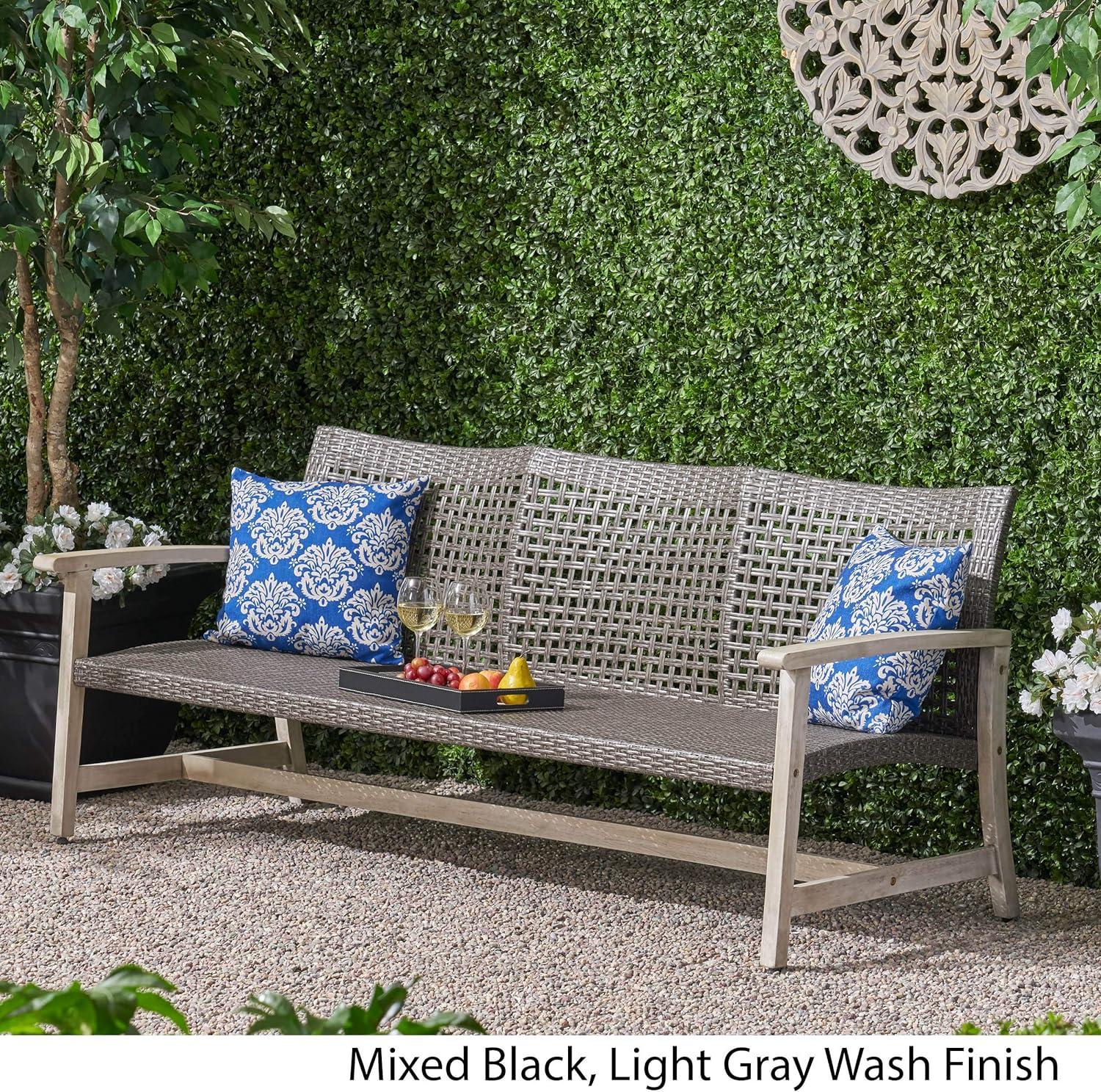 Marcia Light Gray Wood and Black Wicker Three-Seat Outdoor Sofa