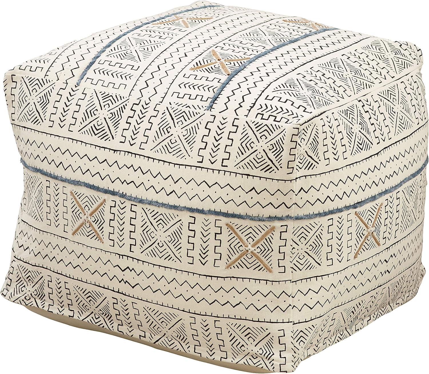 White Cotton Abstract Design Mudcloth Floor Pouf