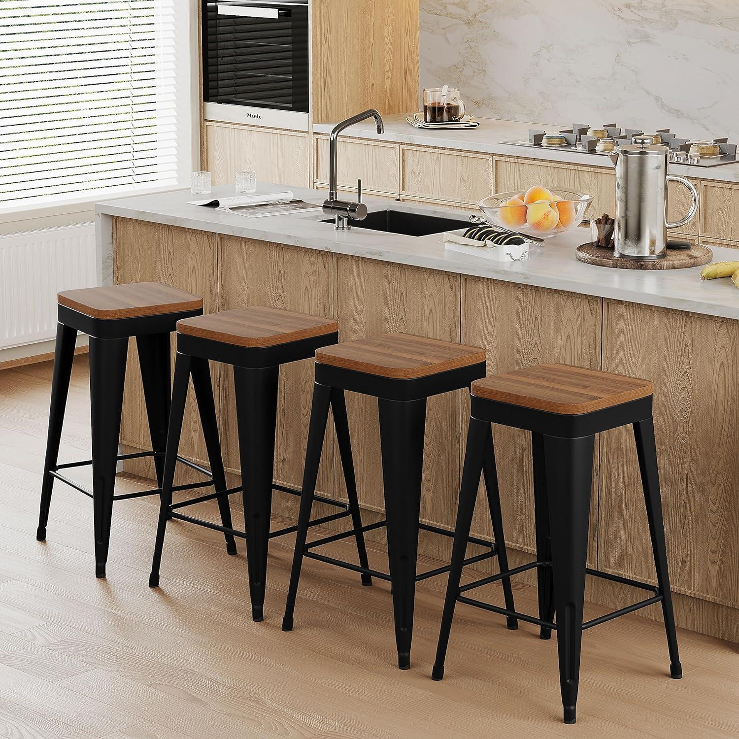 Set of 4 Black Metal and Wood Counter Stools