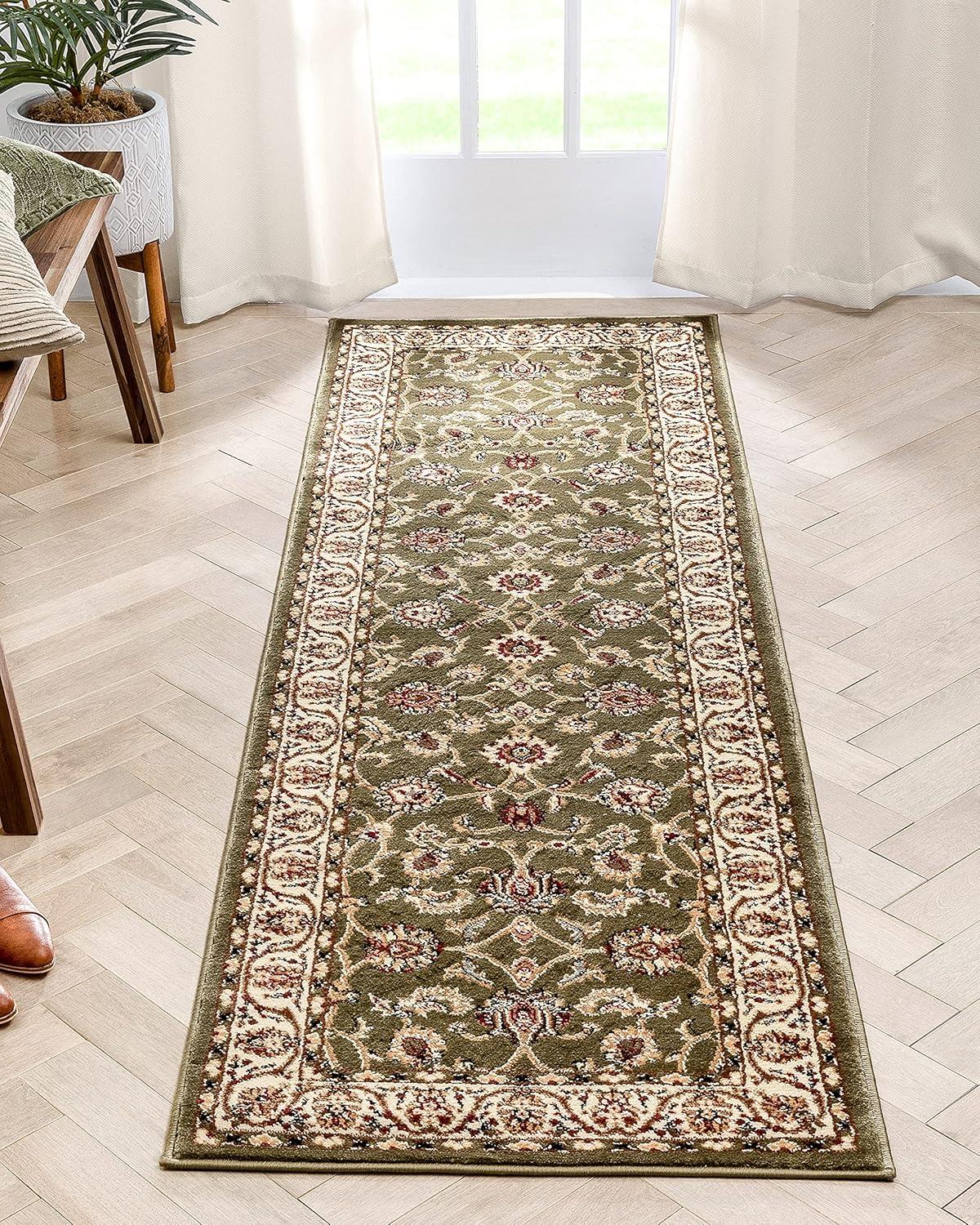 Green Floral Sarouk Runner Rug with Jute Backing