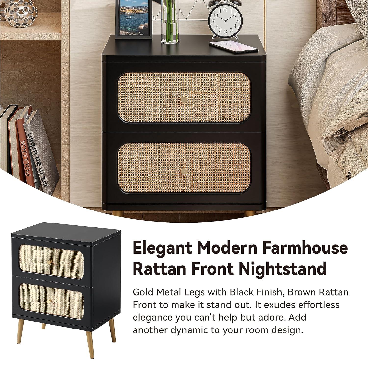 Black Wicker Rattan 2-Drawer Nightstand with Wooden Legs