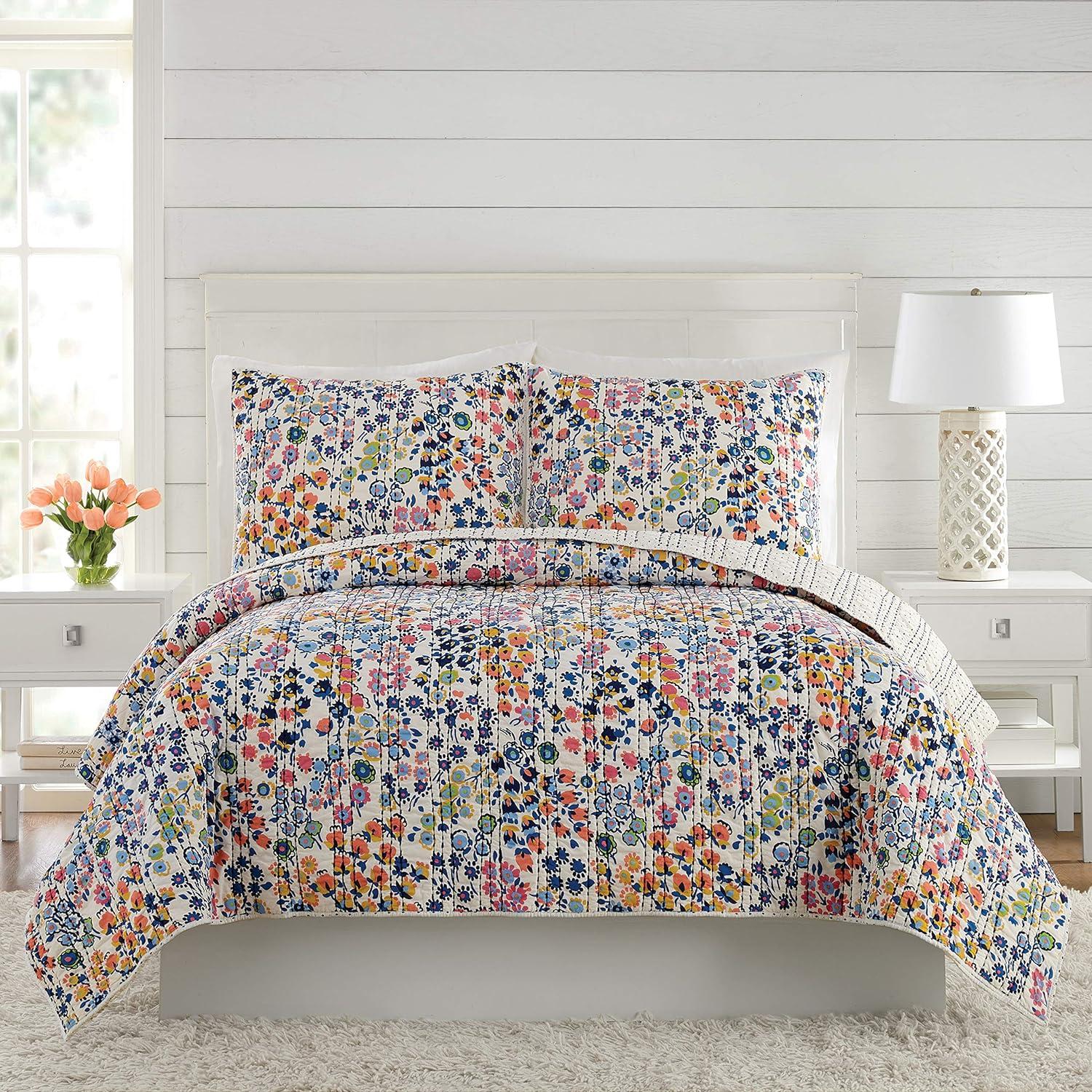 Full Blue Cotton Reversible Boho-Chic Quilt Set