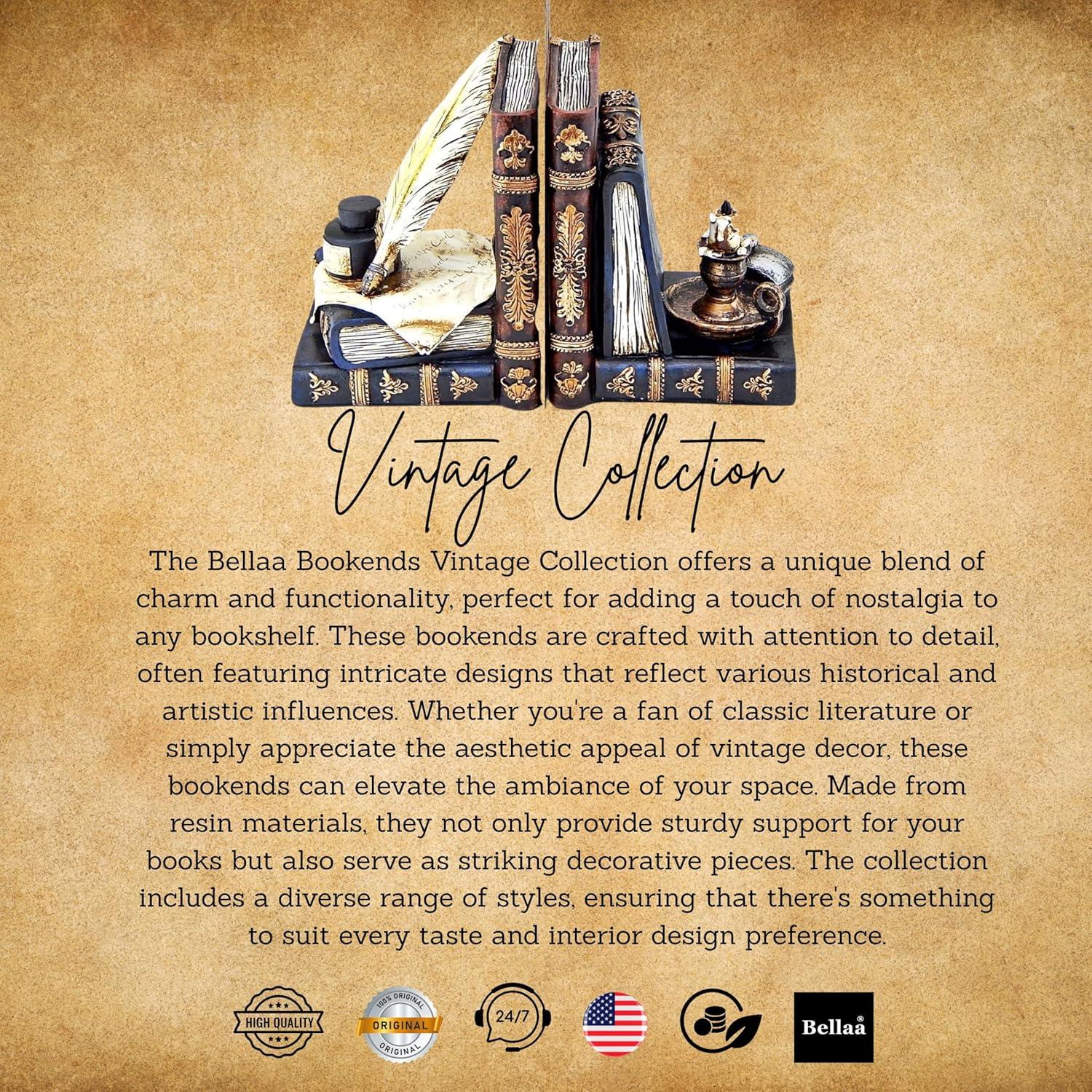 Bellaa 26324 Vintage Bookends Wizard Feather Quill Pen and Ink Bottle with Oil Lamp Antique Style Farmhouse Cottage Lodge Magic Home Decor