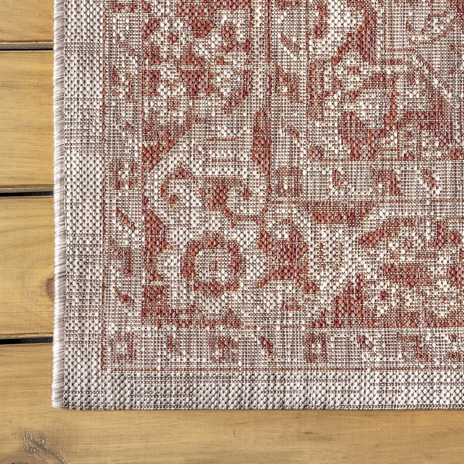 5' Square Rozetta Boho Medallion Textured Weave Indoor/Outdoor Area Rug, Red/Taupe - JONATHAN Y